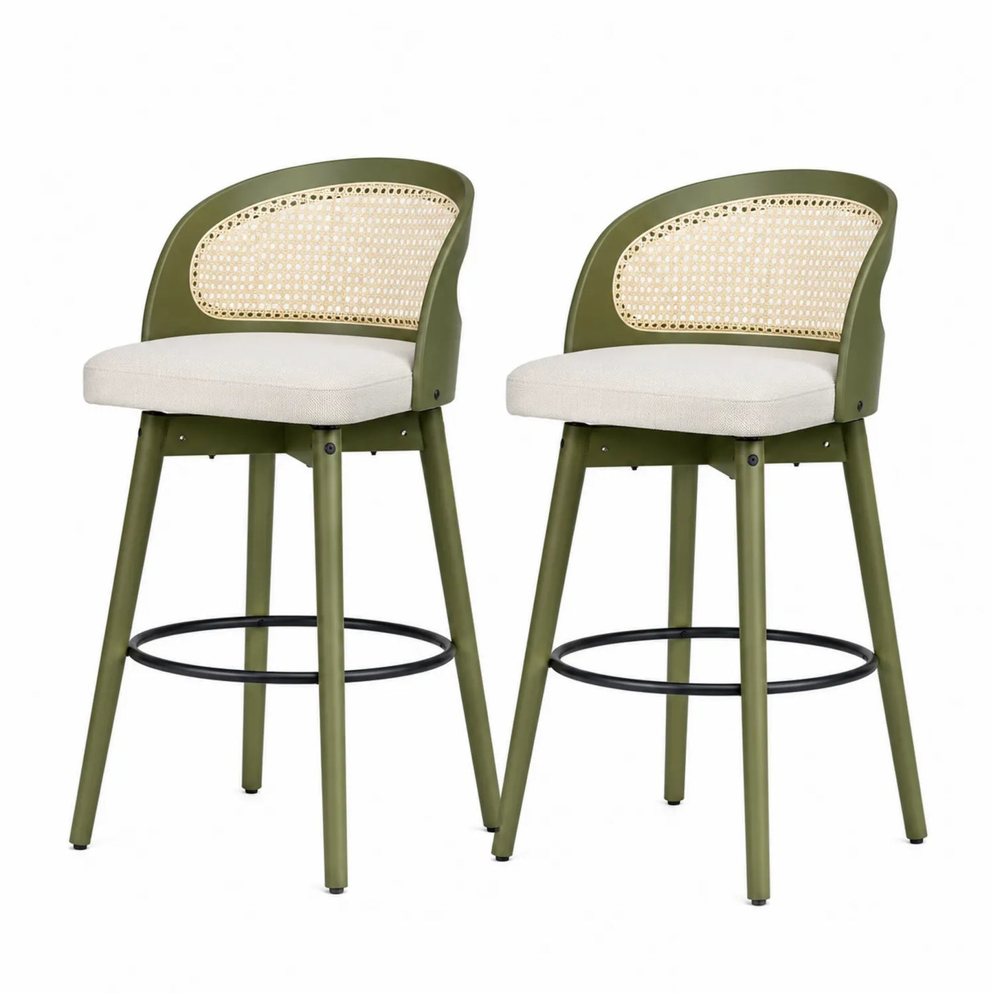 Lot de 2 chaises de bar en métal et rotin Olive et Crème