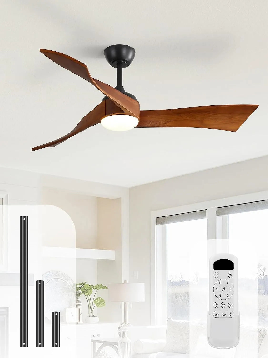 Ventilateur Sofucor, 132 cm Lampe Plafond Bois Massif, 6 niveaux de vitesse, 6 niveaux de vitesse, Plafond avec Lumiere, Telecommande