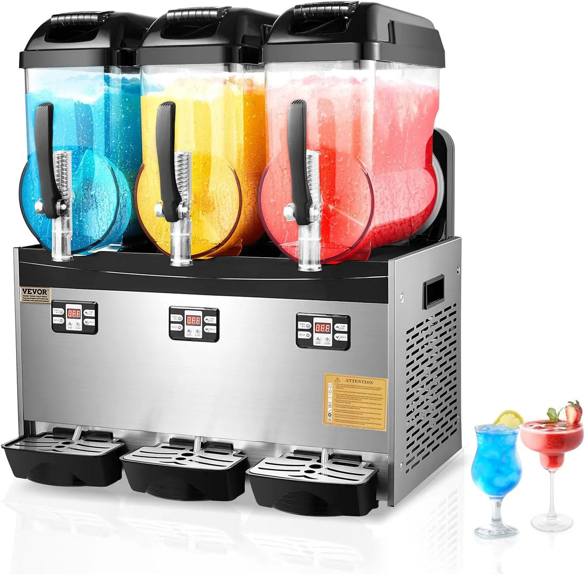 Vevor machine à granité, Commerciale 3x12 L Triple Réservoir, Machine à Boissons Glacées en Inox de 144 Tasses, pour Restaurant Café Bar