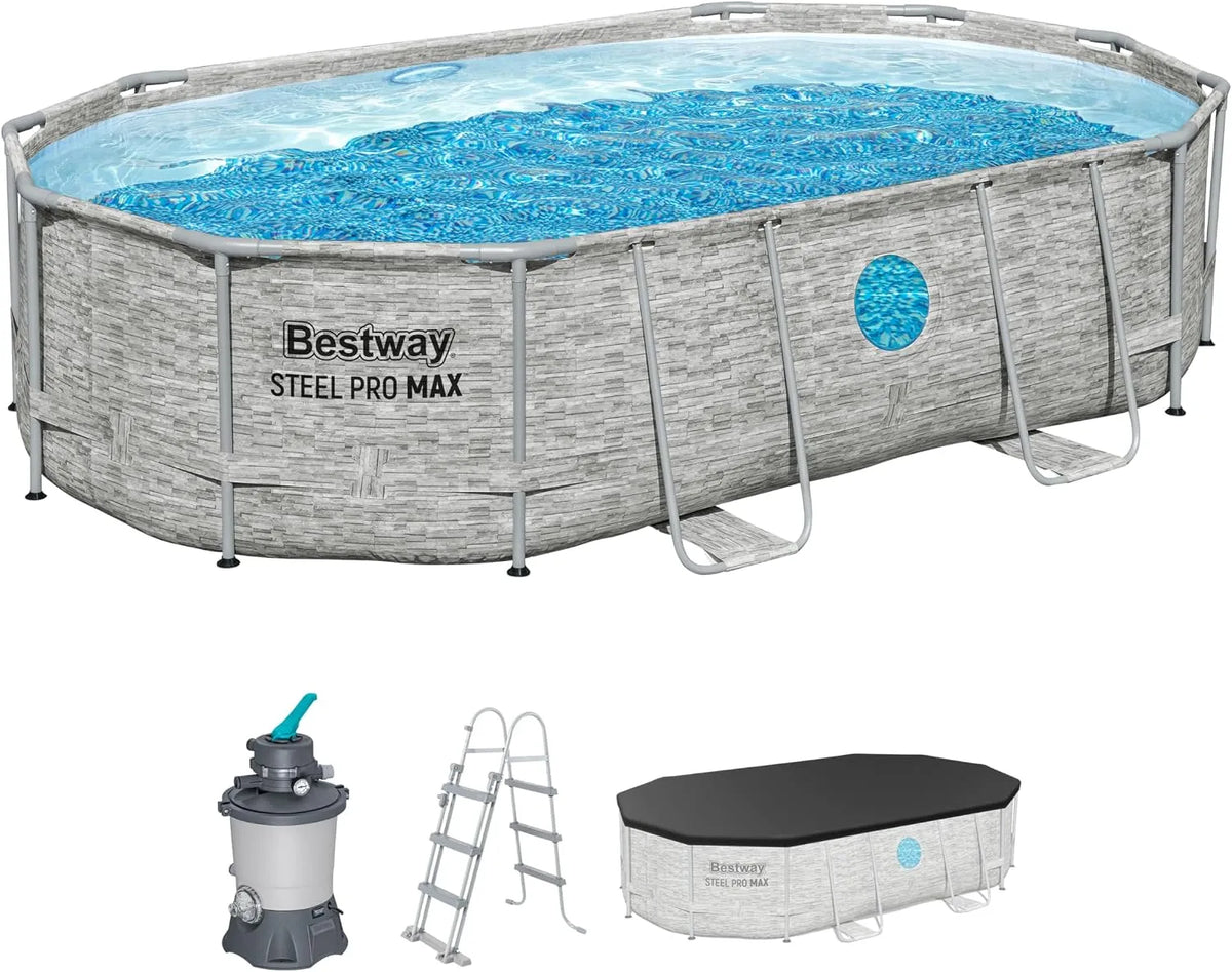 Bestway Steel Pro Max Kit Piscine Hors Sol Ovale Splashview, 488 cm x 305 cm x 107 cm, finition grise