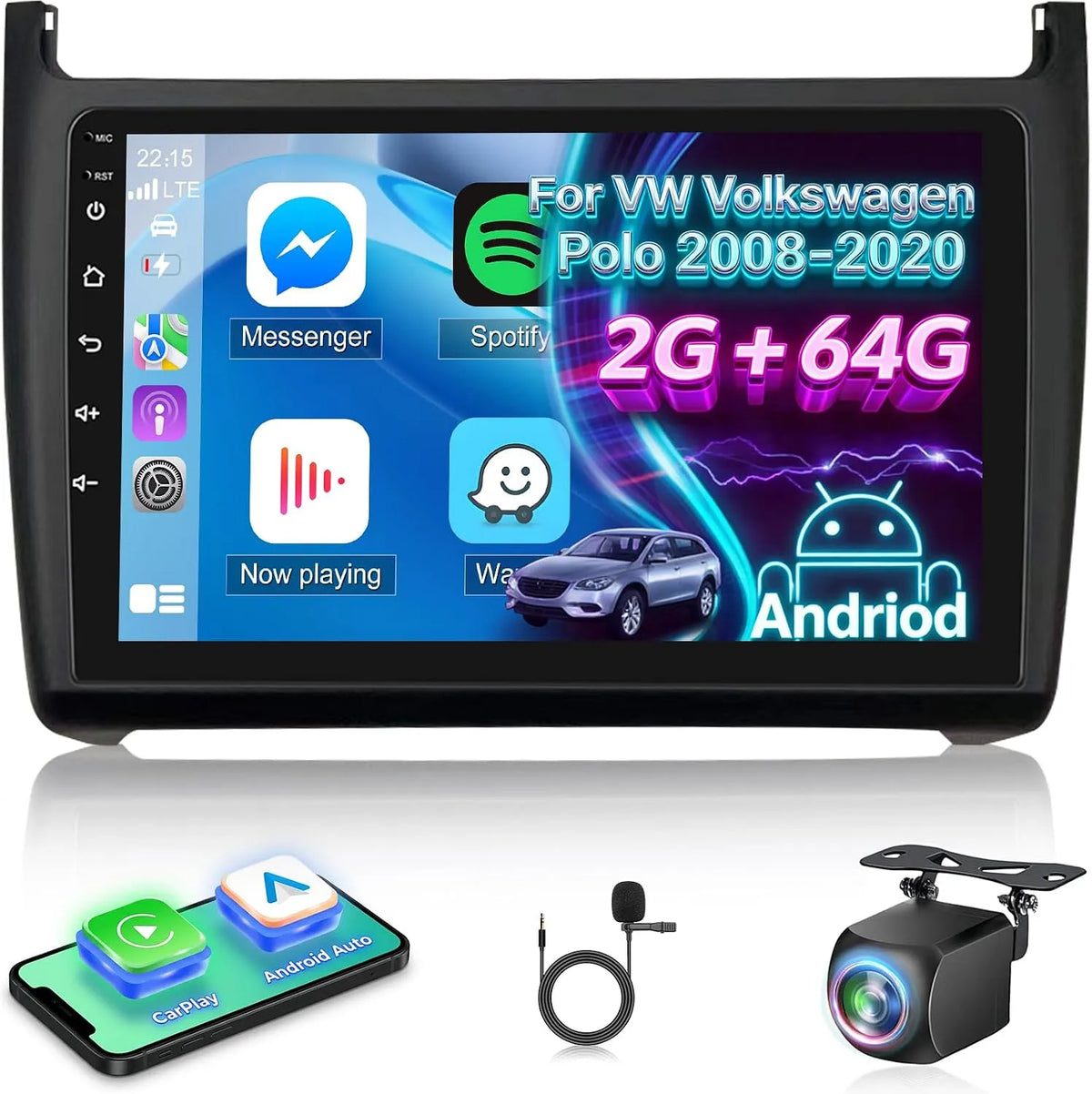 2G+64G VW 2008 2008-2020 Autoradio, Android pour Polo Volkswagen -2020, 9 inch Touch Screen Stereo, Wireless Carplay & Android Auto, GPS, WiFi, EQ