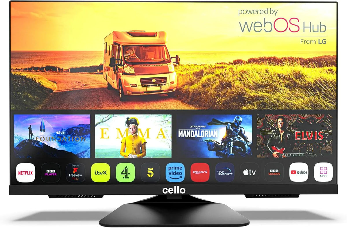 LG Apple téléviseur, Cello de Camping Intelligent 24 Pouces 12 Volts, avec WebOS, Triple Tuner, Bluetooth, Disney+, Netflix, TV+, Prime Video