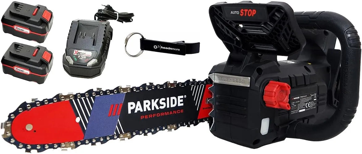 Parkside tronçonneuse PPAKS 40, HEADNMORE Performance sans fil 40 V avec batterie 2 x 4 Ah + porte-clés