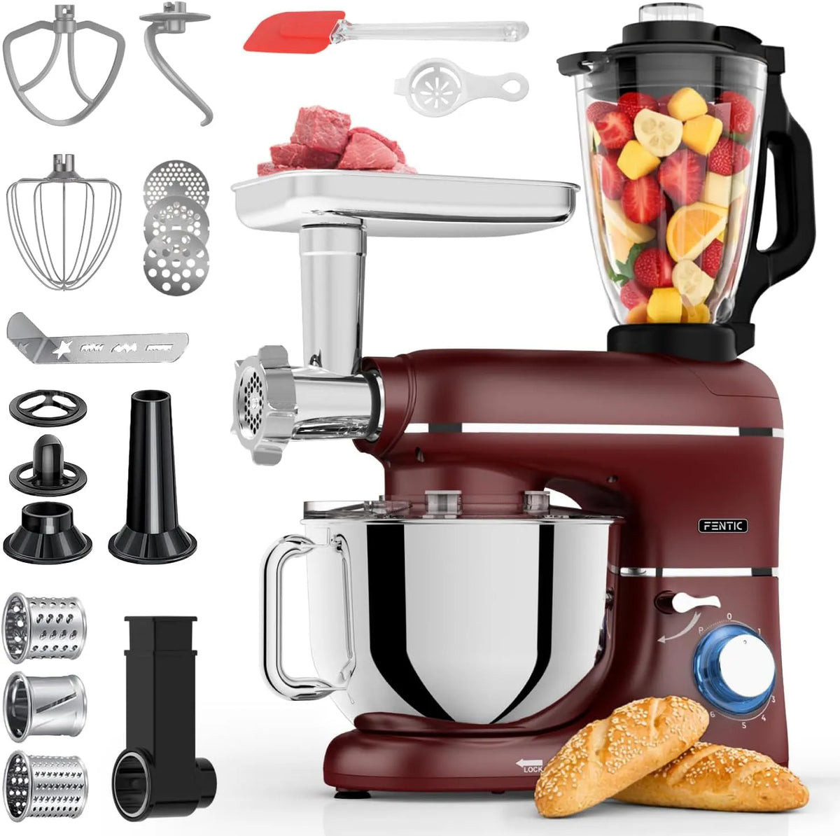 Robot pâtissier, puissance 2000W, Robot Cuisine Multifonctions Av. 6,2L Bol Mélangeur, Cutter, Fouet, Batteur, 6 en 1, Mixeur 1,5L, Accessoires