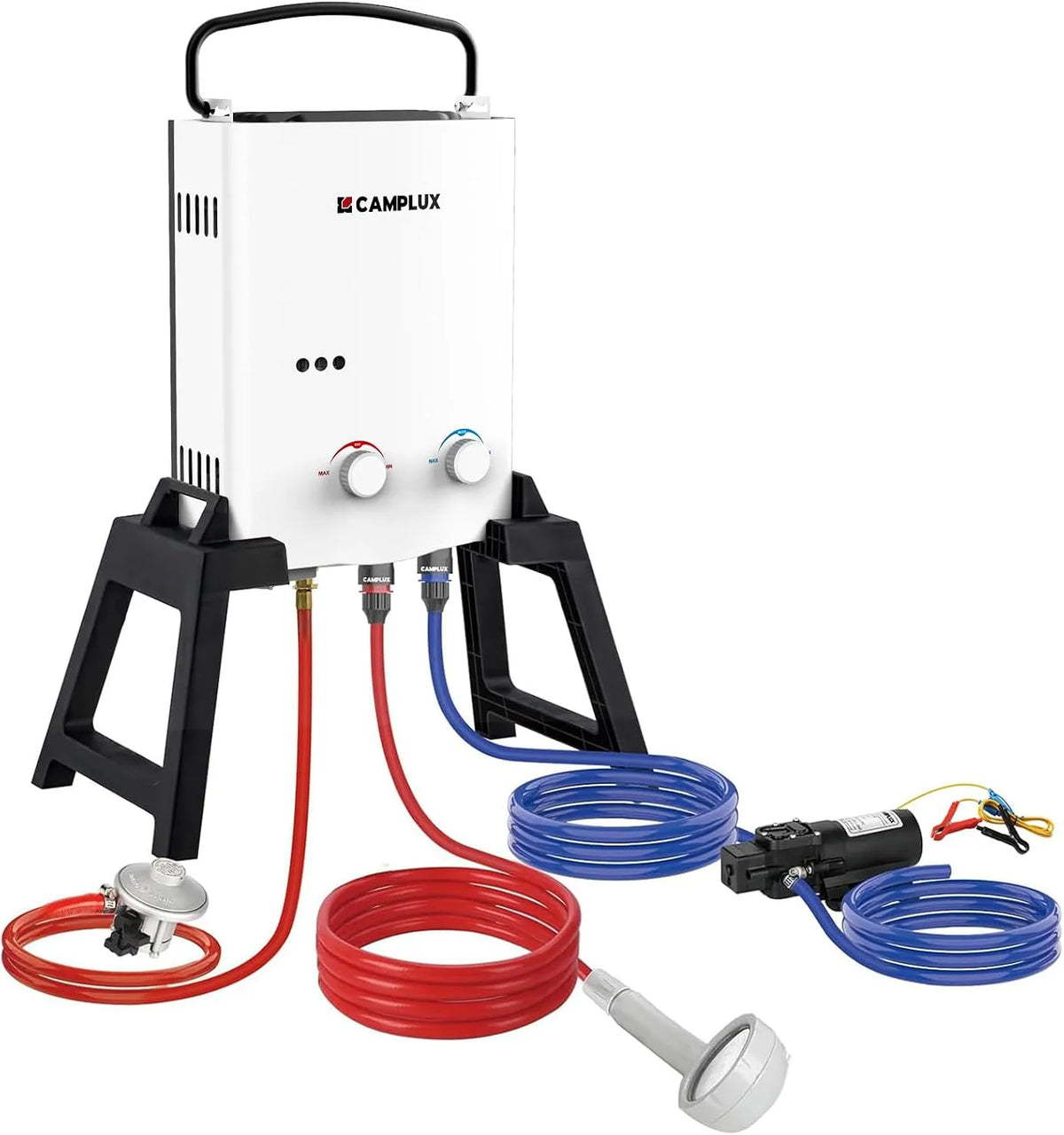 Chauffe-eau électrique AY132Max CAMPLUX, avec Pompe à Eau et Support Portatif, 28-30 mbar, Propane, à Gaz de 5 Litres, 37 mbar, ou Butane
