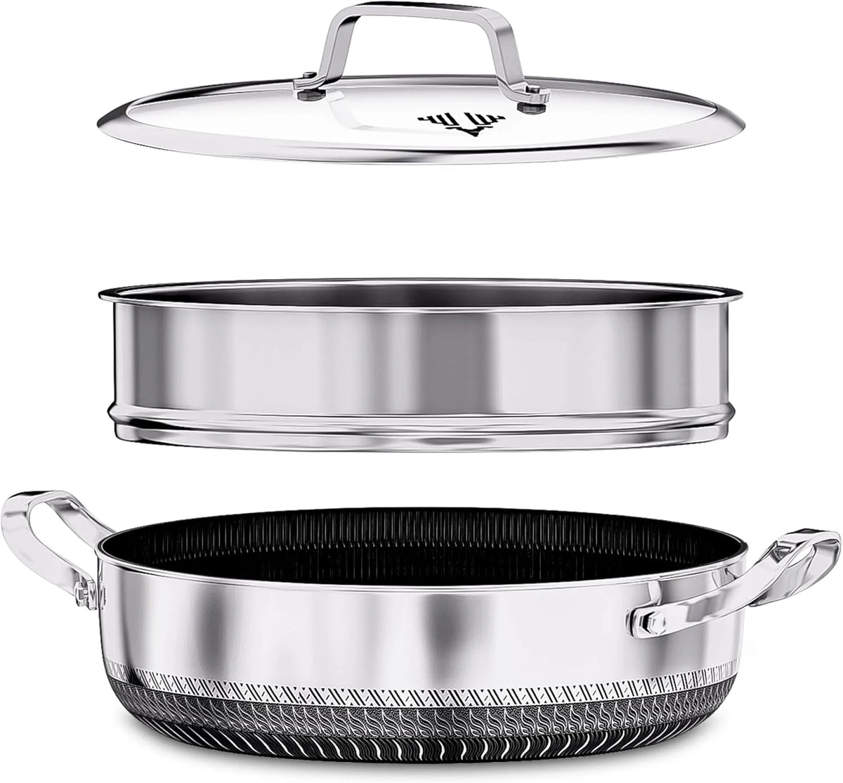 Four, INTIGNIS Faitout Hybride 30cm 5,5L en Acier Inoxydable, avec Cuit-Vapeur & Couvercle en Verre, Casserole Multifonction Antiadhésive Écologique