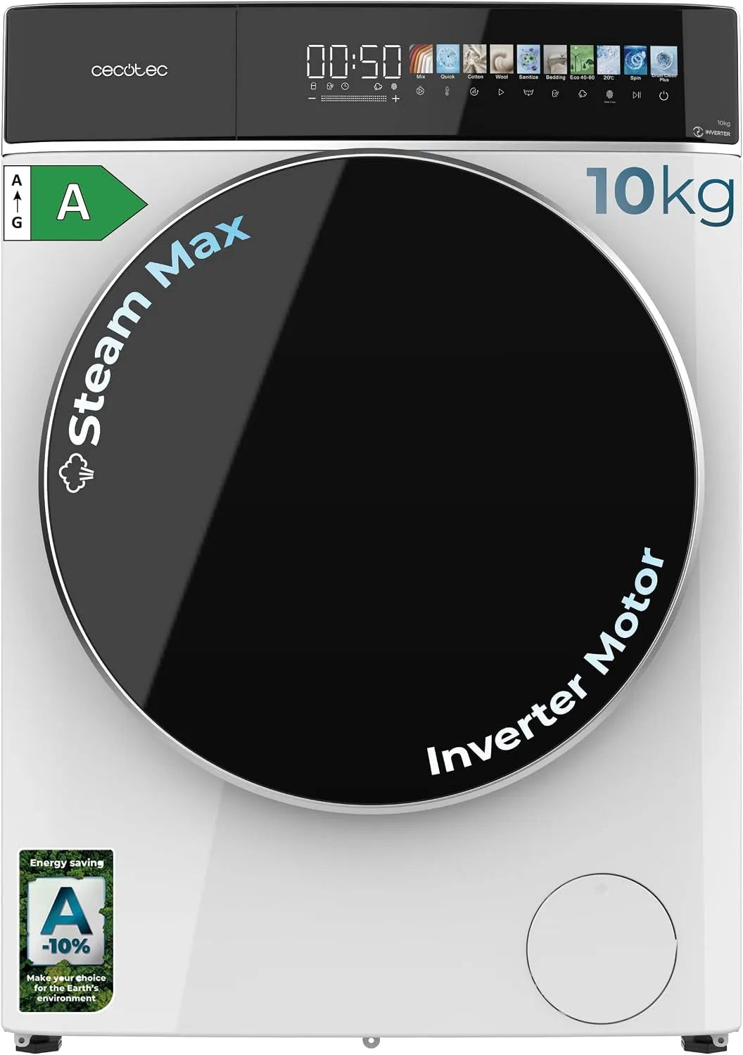 Cecotec lave-linge 10900, poids 10 Kg à à à chargement frontal Bolero DressCode Inverter FullColor A Max. 2000W, 11 Programmes, Moteur Inverter Plus