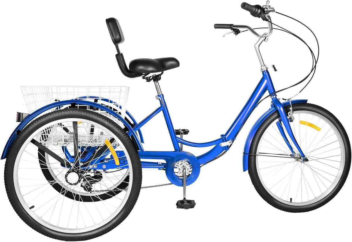 De 24 pouces pour adultes 7 niveaux de vitesse pour adultes Tricycle pliable, 3 roues avec panier à provisions, femmes, bleu, personnes âgées, hommes