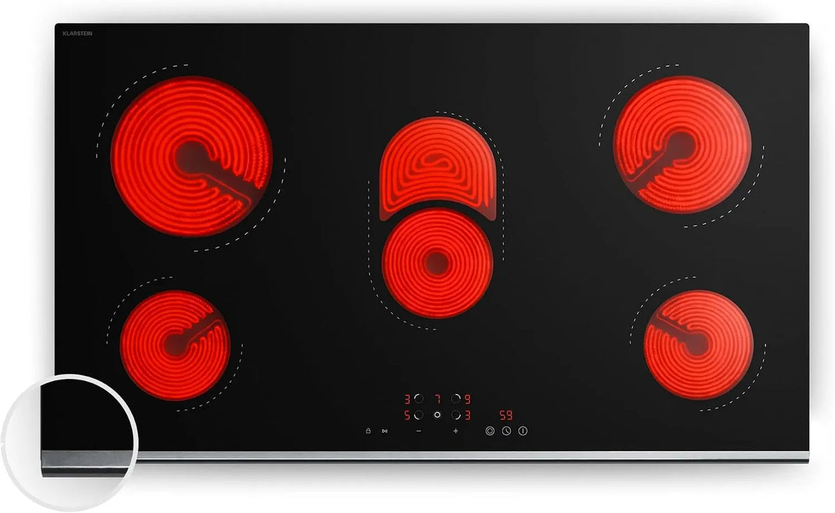 Klarstein plaque de cuisson, puissance 8400 W, Table de Cuisson Vitrocéramique Design finition noire, Minuterie & Sécurité Enfants, 5 Zones