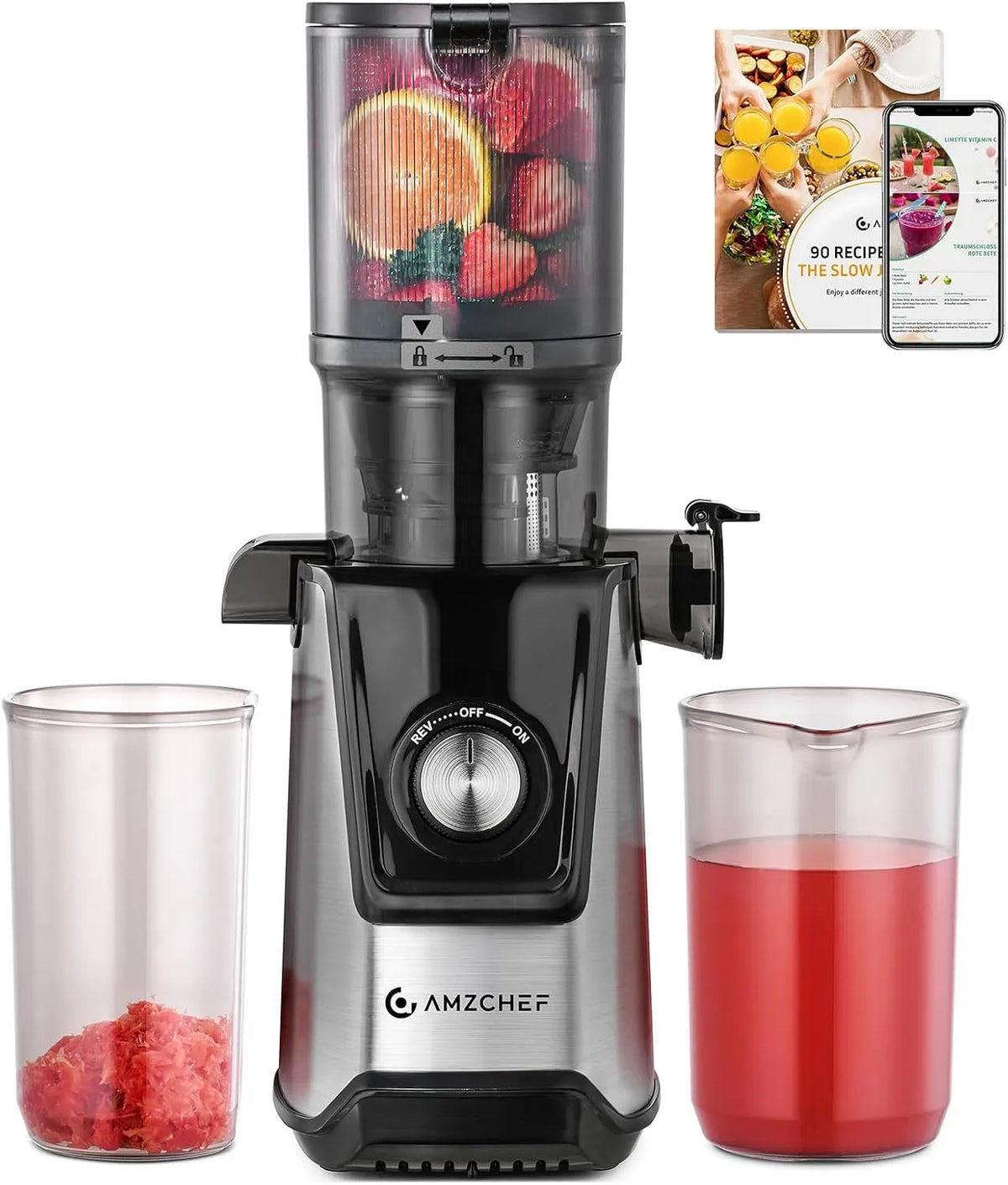 Extracteur de jus AMZCHEF, Pour Fruits et Légumes Entiers, Lent 118MM, puissance 180W, Pression à Froid Silencieux, Facile à Nettoyer