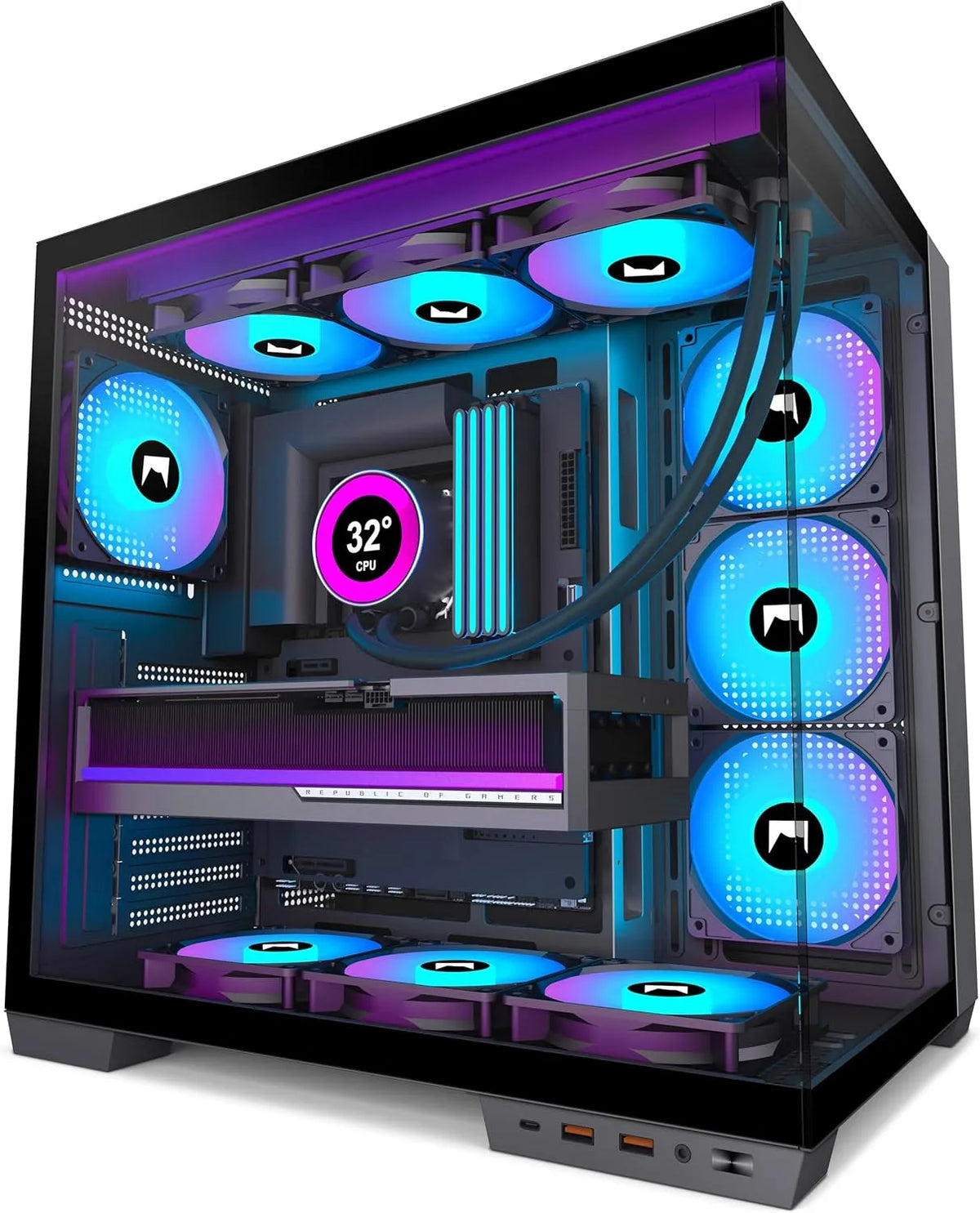 Ventilateur, H1 ATX Boitier PC, Installation simultanée de 3 radiateurs de 360 mm, 7 Ventilateurs PWM ARGB préinstallés, avec Type-C, finition noire