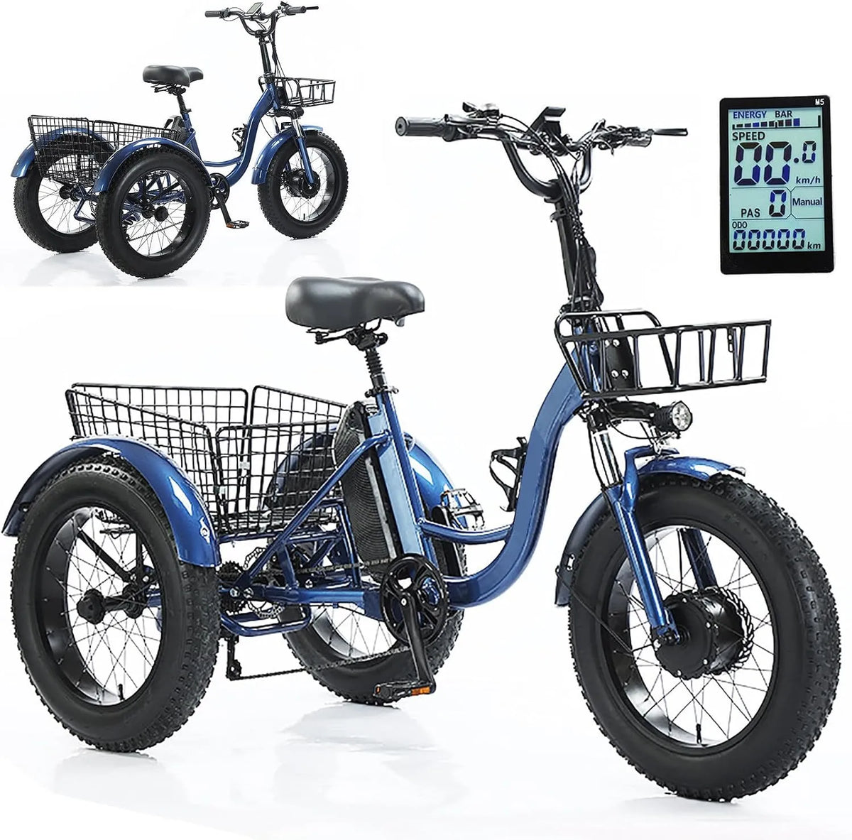 Tricycle électrique, batterie amovible 48 V 13 Ah, pour adulte, écran LED, vélo de neige à gros pneus de 50,8 cm, freins à double disque