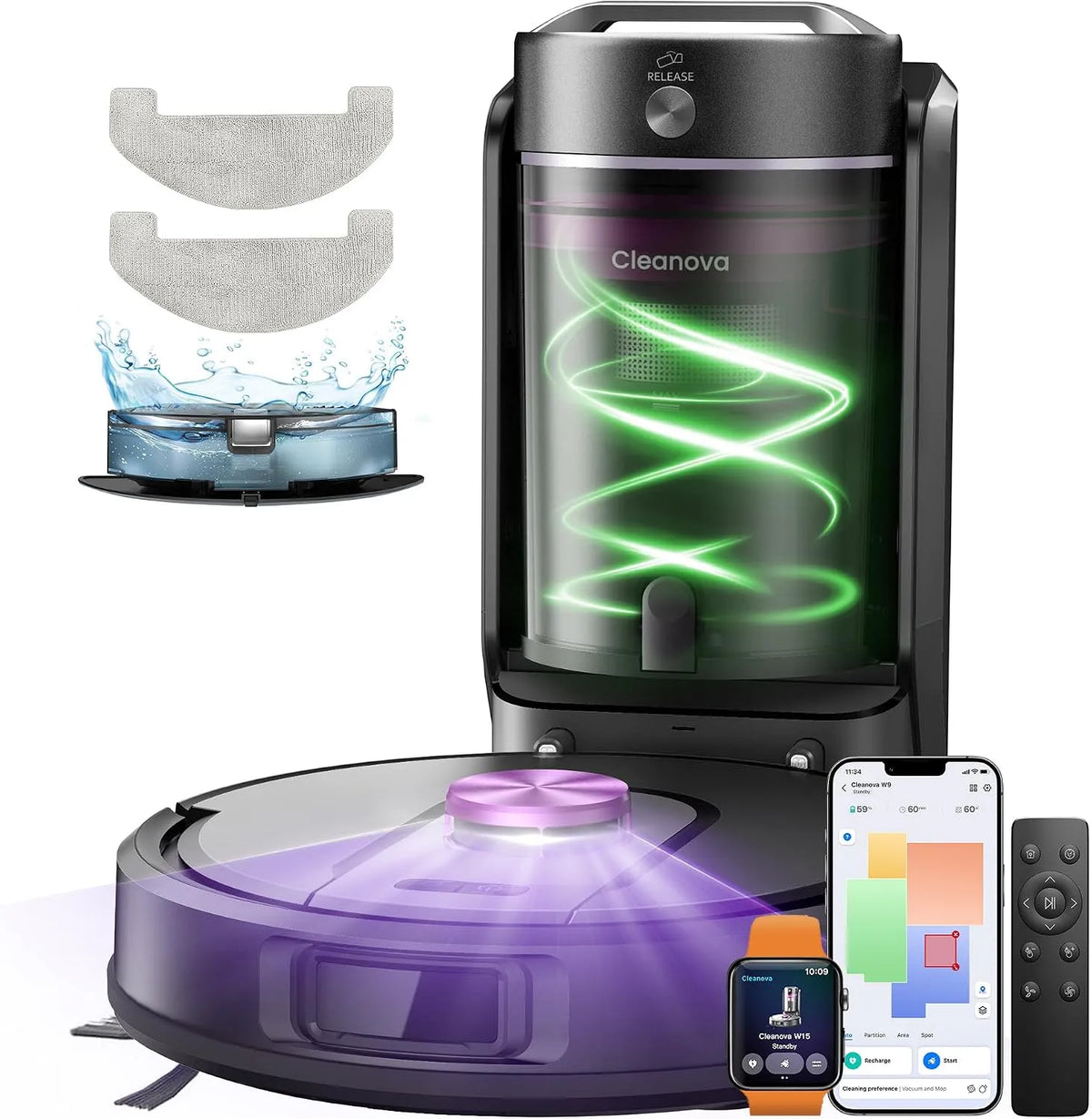 Aspirateur W15 180Min Vexilar Robot, Connecté par Remote, Vexilar Robot Laveur 10,000Pa avec Station sans Sac Vidage Automatique, Alexa, APP