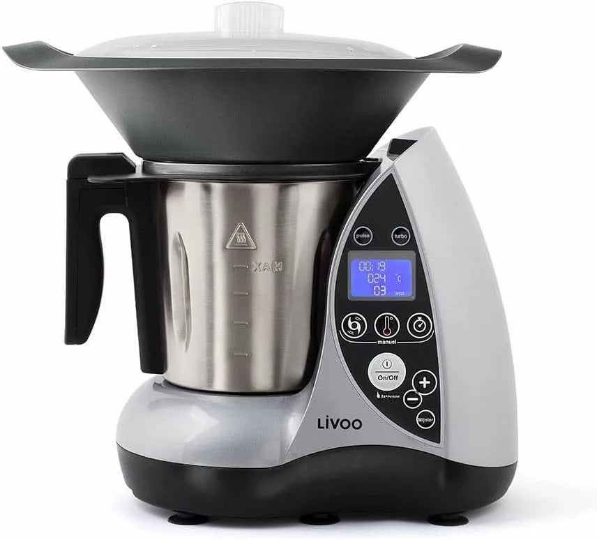 Modèle DOP142G Livoo, 12 fonctions, capacité 3L, 12 niveaux de puissance, minuterie 60 min, 20°C à 120°C, Robot culinaire chauffant, finition grise