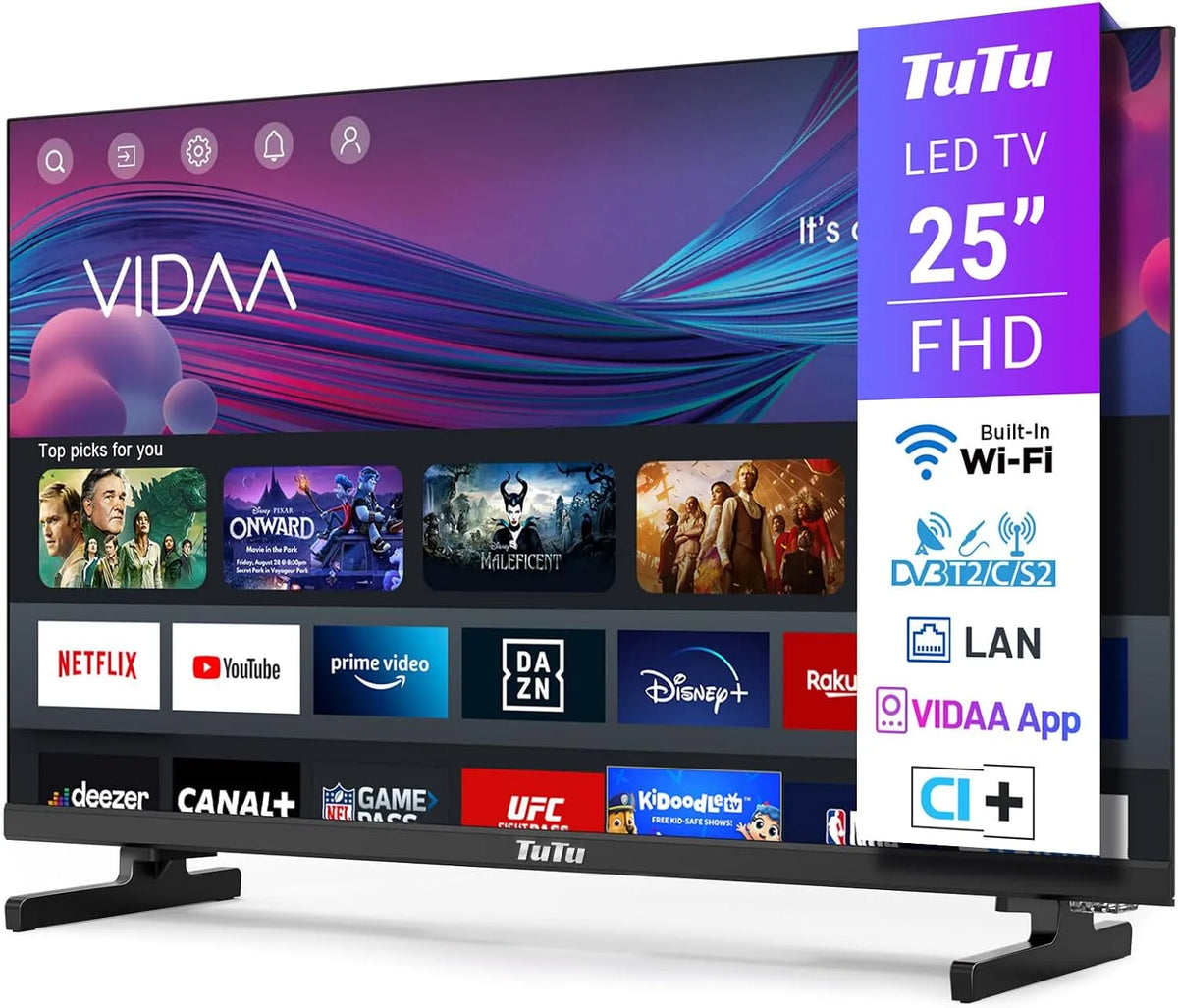 Smart TV TUV25FQ1B TuTu, largeur 64 cm, VIDAA Remote App, Netflix, Disney+, 25 Pouces, Molotov, Prime Video, Youtube
