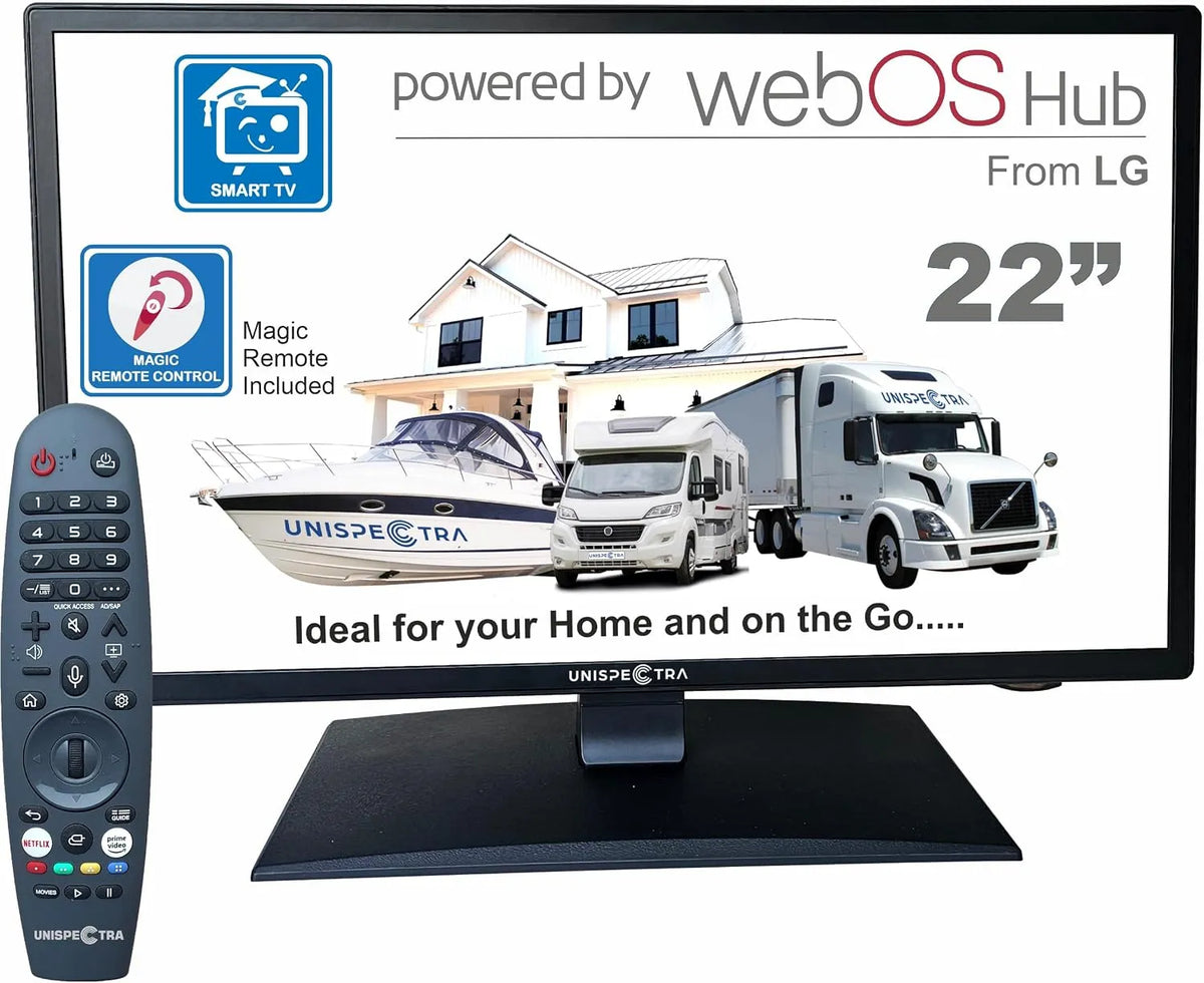 Smart TV HD 240 V Unispectra WebOS, 2 x USB, caravanes, 22' 12 V ELED Full TV Freeview & SAT Tuner 3 x HDMI, camions et camionnettes