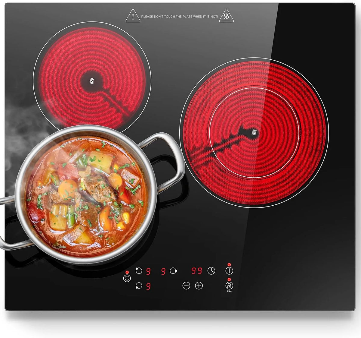 Plaque de cuisson, puissance 5400W, Fonction de Minuterie, Commande Tactile, Pour Toutes Les Casseroles, Vitrocéramique 3 feux, 9 Niveaux