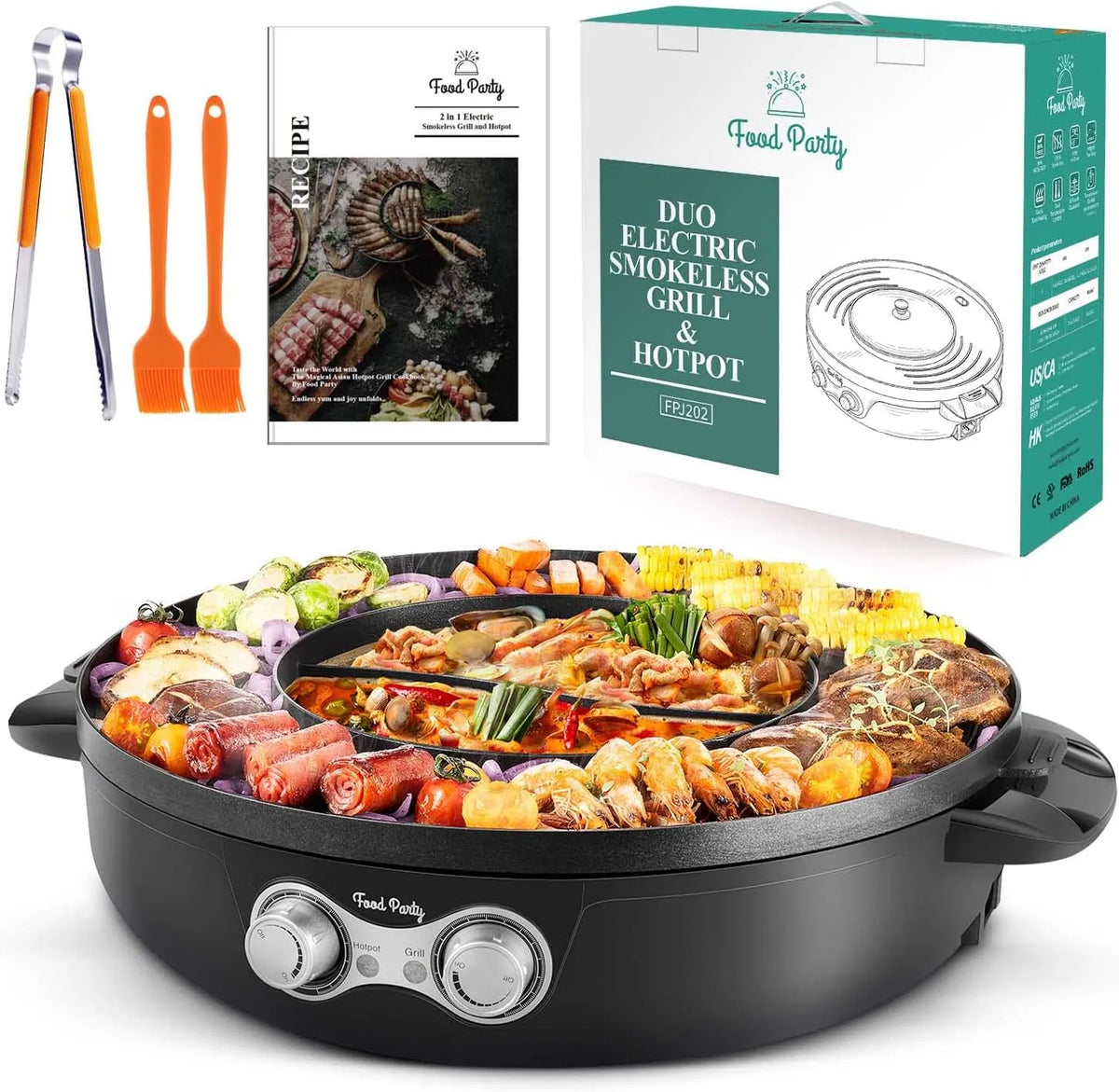 Barbecue, sans Fumée pour 2 à 8 Personnes, Food Party Appareil Fondue Chinoise Hot Pot Electrique et Coréen Intérieur électrique