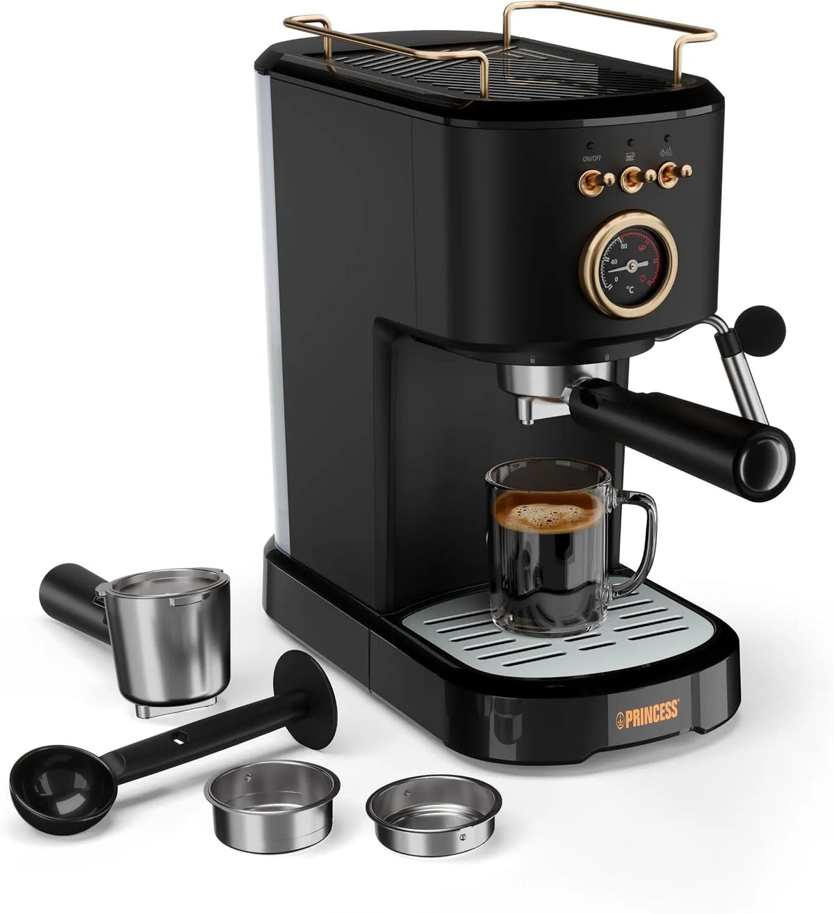 Princess Machine à Expresso, puissance 1100W, 20 Bars, Réservoir 1,2L, 01.249417.01.001, Chauffe-Tasses, Buse Vapeur, Facile à Nettoyer