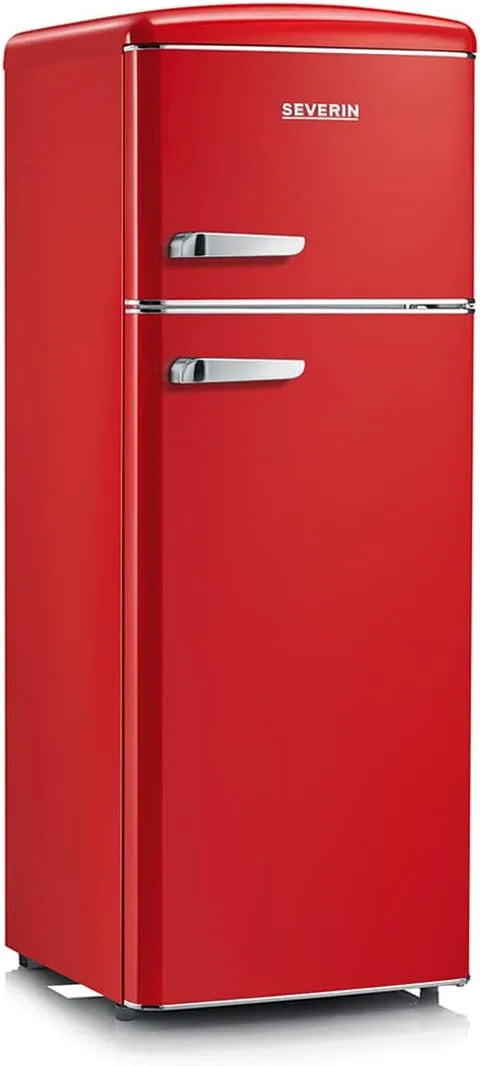 Severin réfrigérateur RKG 8930, Largeur 55 cm, Pose libre, Veggibox incluse, Rouge, Congélateur 2 portes, capacité 206L, classe énergétique E, Rétro