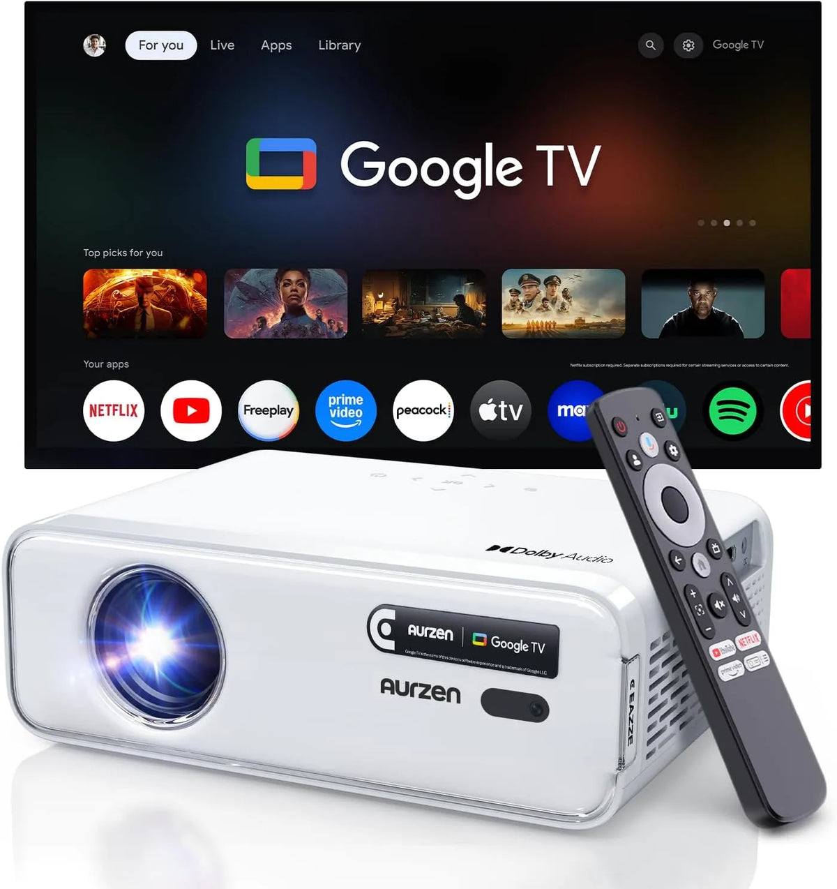 Modèle D1 GTV Vidéoprojecteur avec Google TV 1080P Aurzen EAZZE, 4K Supportée, Netflix sous Licence Officielle, DoIby Audio, Native, Zoom