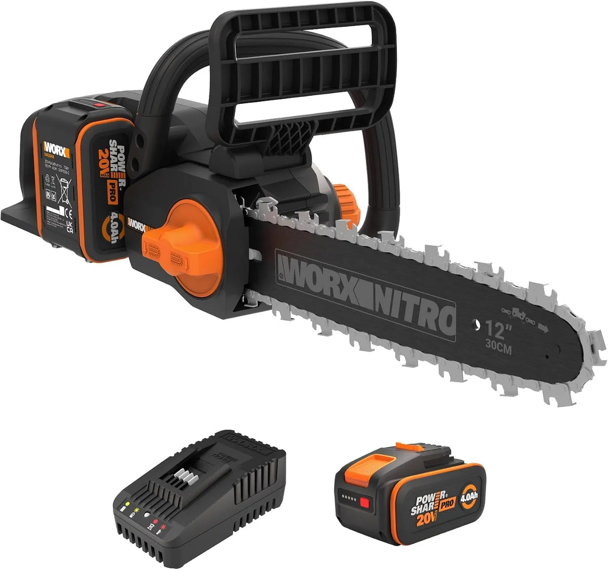 Worx tronçonneuse WG350E 10m/s, Électrique sans Fil 20V, Vitesse 10m, Guide de 30cm, Livrée avec 1 Batterie 4Ah et Chargeur, Moteur Brushless