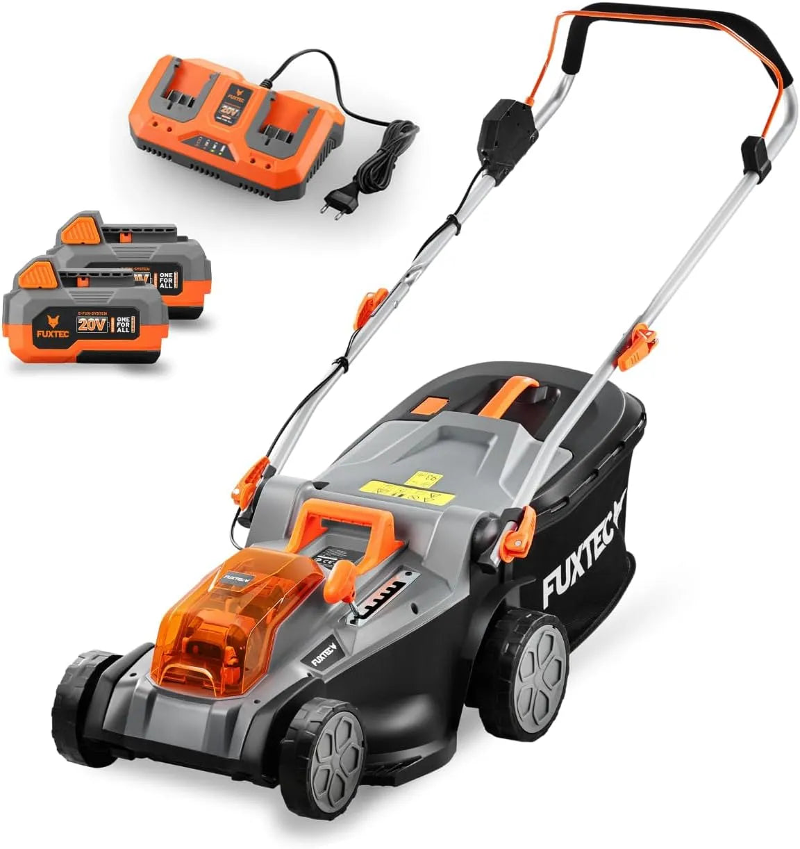 Fuxtec tondeuse à gazon 2x20V E2RM43, sans Fil 40V, Largeur De Coupe 43cm, capacité 40L, Set Batteries et Chargeur, Hauteur De Coupe Variable