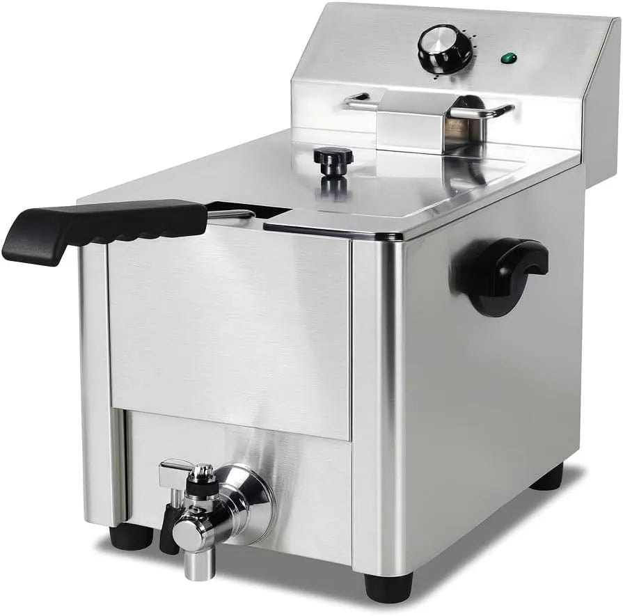 Professionnelle Friteuse Électrique, puissance 3,6 kW, capacité 8 Litres, Thermostat 50–200°C, Vanne de Vidange, Inox, Sécurité Intégré