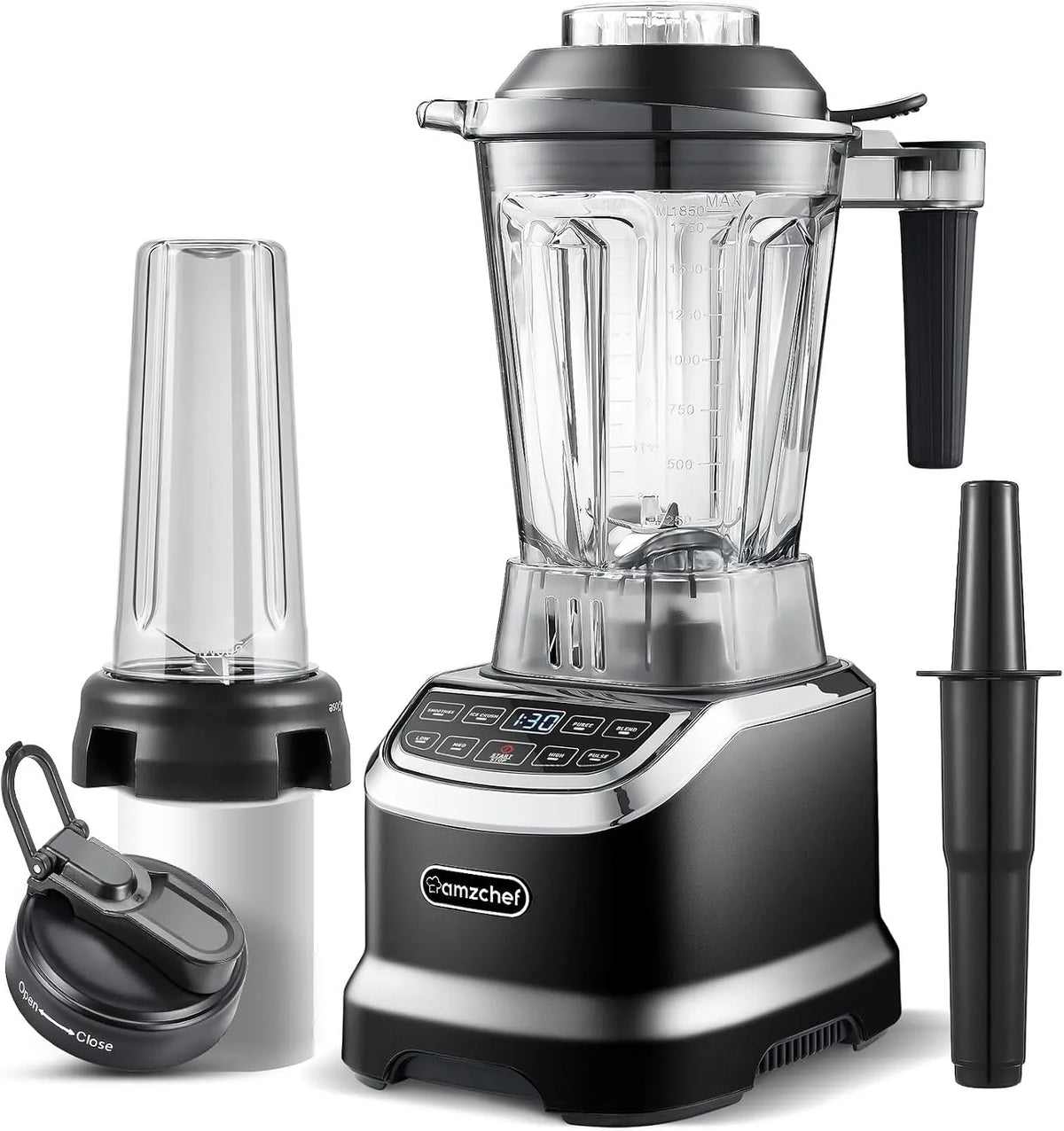 Blender AMZCHEF, professionnel 1800 W, électrique 6-lames en 3D, multifonctionnel avec écran tactile intelligent, finition noire
