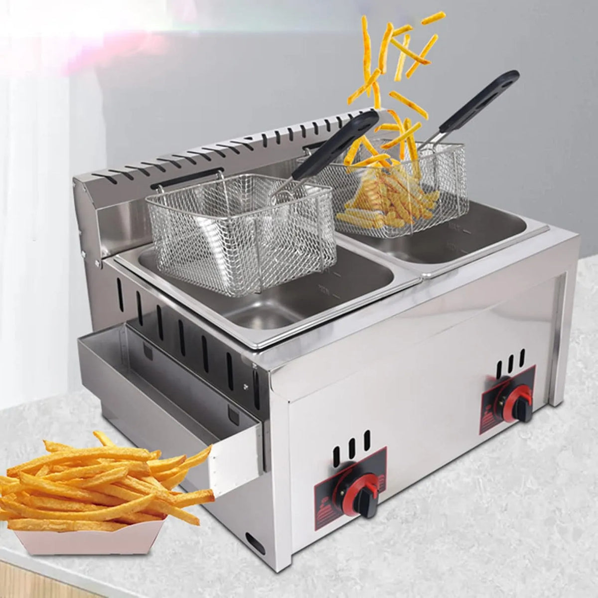 Modèle Professionnelle avec Cuve D'assaisonnement en Acier Inoxydable 10Lx2 Friteuse Gaz, 2 Paniers pour Une Cuisson Efficace