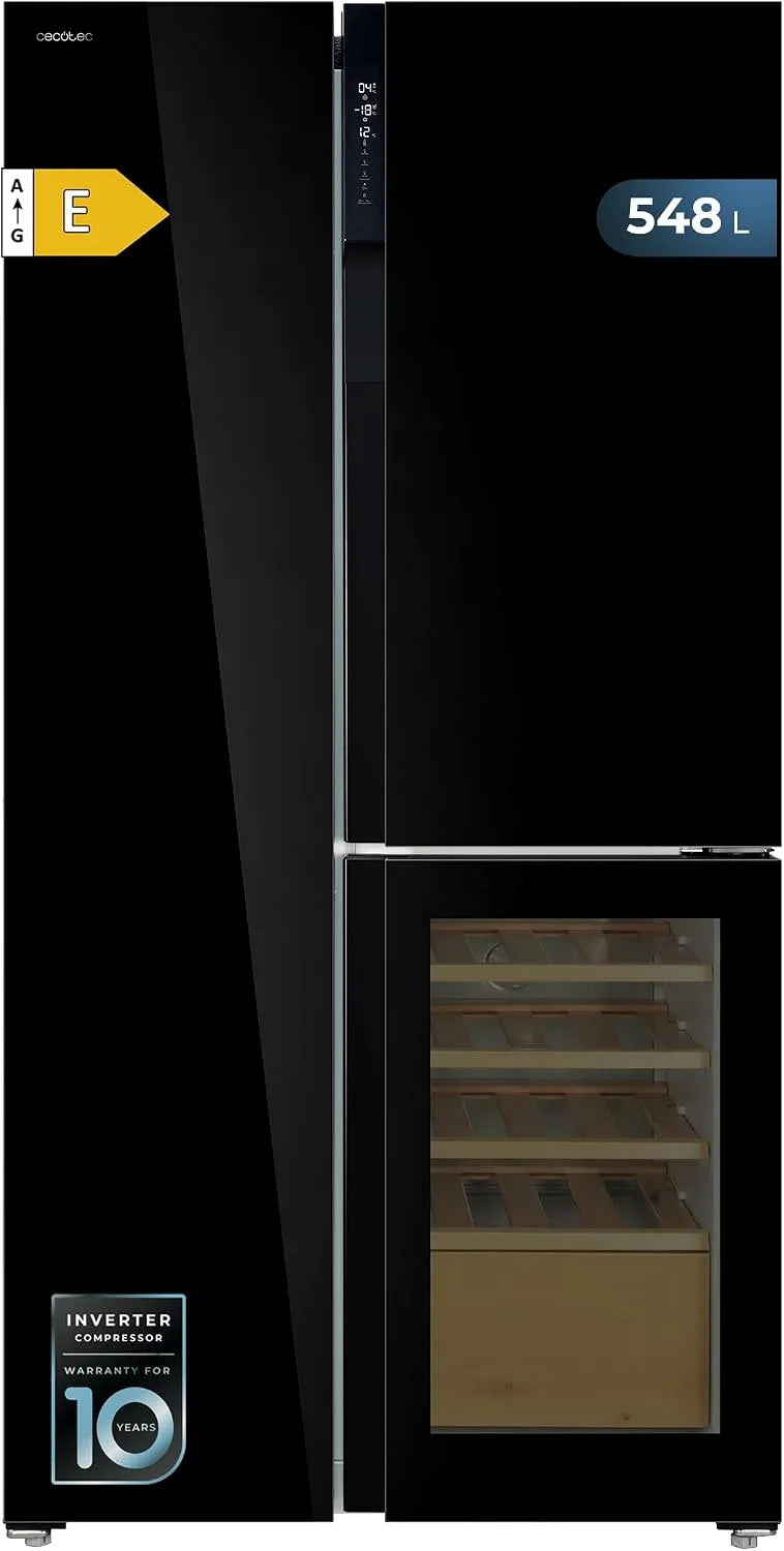 Cecotec réfrigérateur TDW 548, 3 Portes Bolero CoolMarket Black Glass E, classe énergétique E, Total No Frost, Multi AirFlow