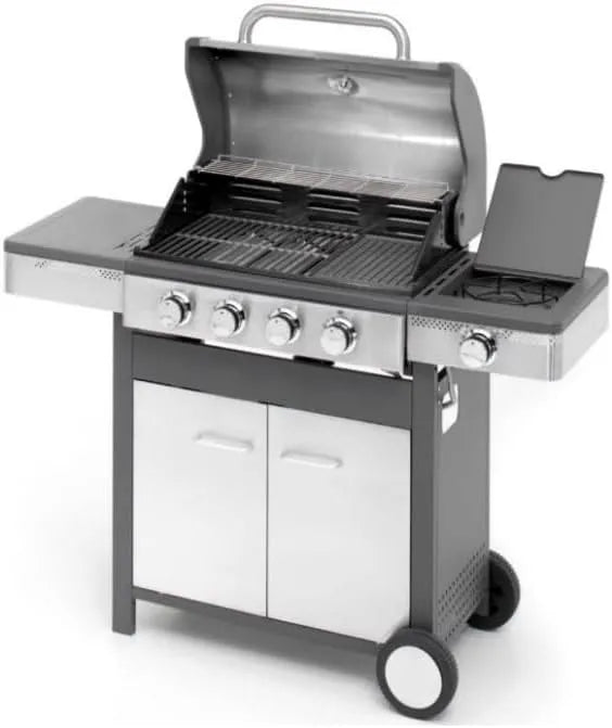 Barbecue à gaz, 4 brûleurs, P 58 x L 133 cm x H 115,5 cm, chariot avec armoire, thermomètre, grille en fonte émaillé