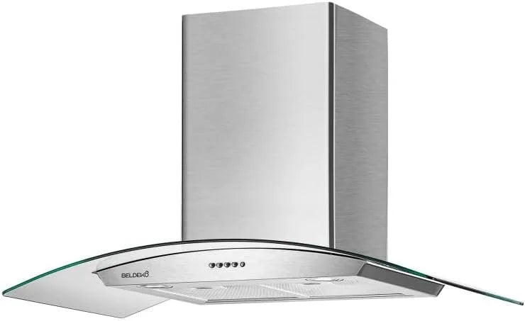 Murale Verre & Inox Hotte décorative, murale 90 cm Verre & Inox, Débit jusqu'à 559 m³/h, 200 Watts, 3 niveaux de vitesse + minuterie, BELDEKO