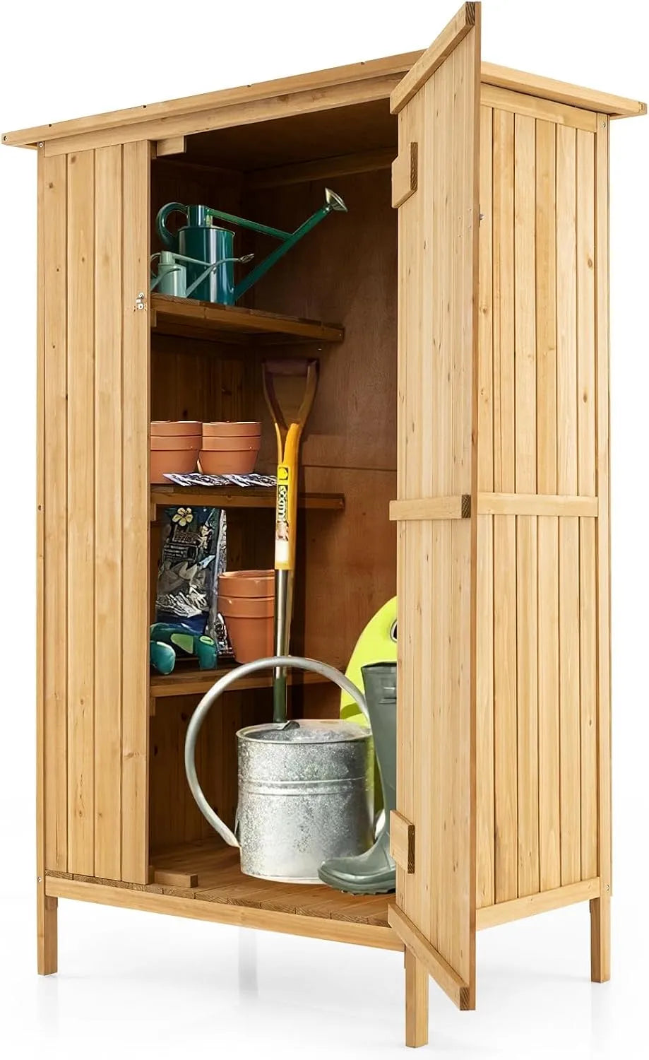 Abri de jardin Goplus, Armoire de Jardin avec Toit Incliné en Asphalte, en Bois de Sapin, 3 Étagères, 5 Crochets & Portes Verrouillables, Balcon
