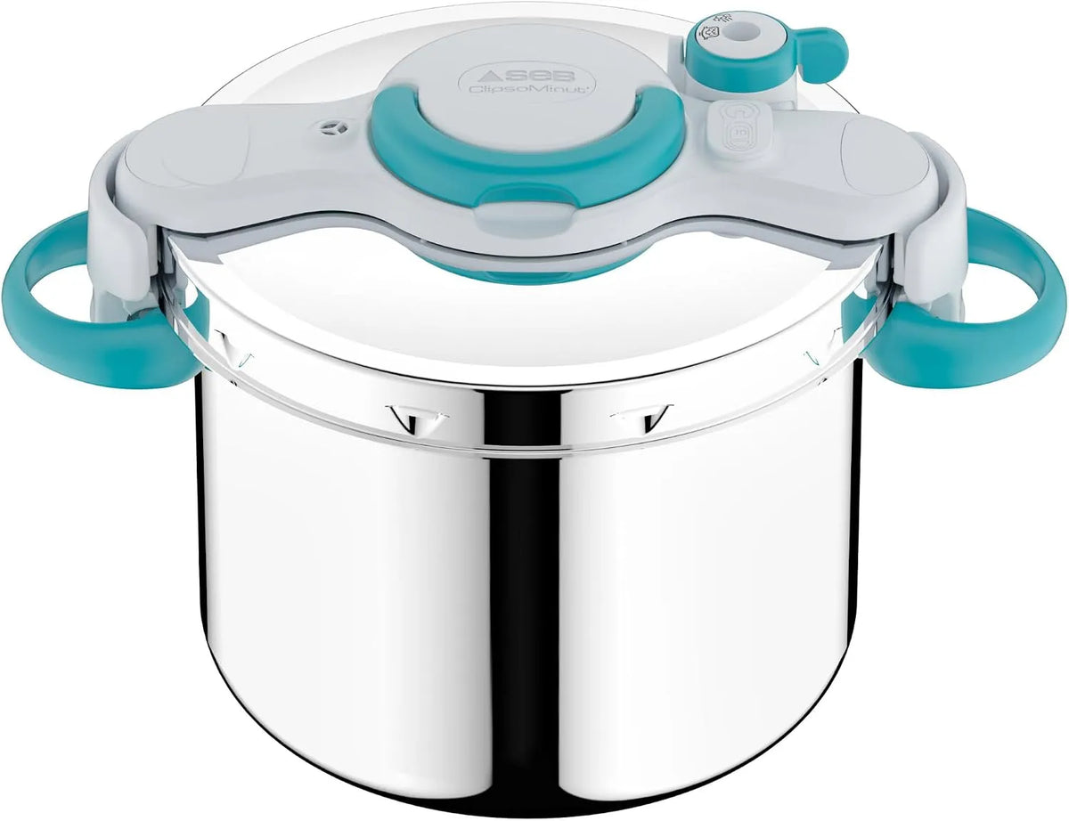 Cocotte P4904916, SEB ClipsoMinut' Easy+ 9L, Ouverture facile à une main, Gain de place, minute Induction, Fabriqué en France, Autocuiseur Inox, Bleu