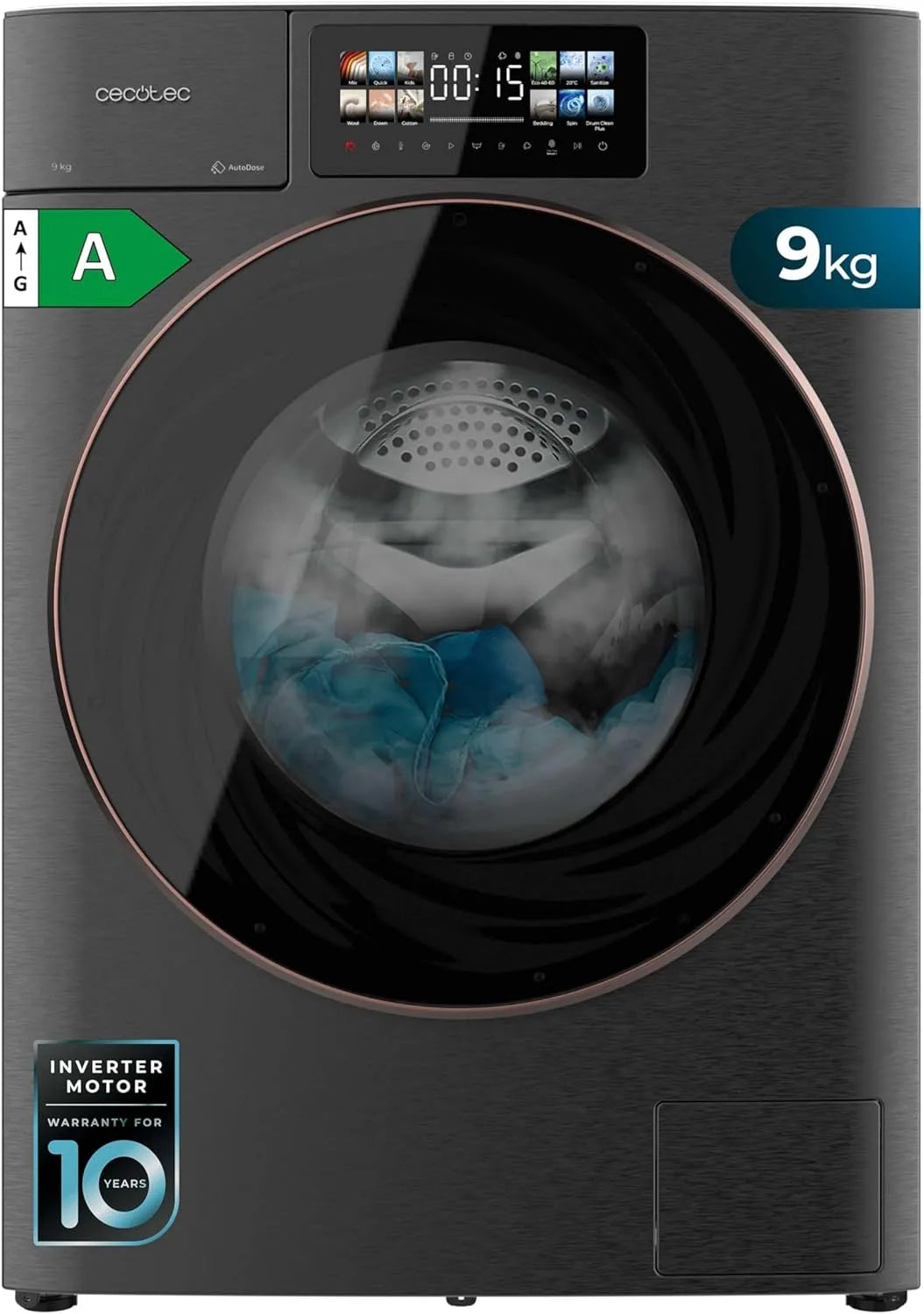 Cecotec lave-linge 9950, poids 9Kg à à chargement frontal Autodose Bolero DressCode Autodose Inverter 3D Steel A. 1400 Tr/min