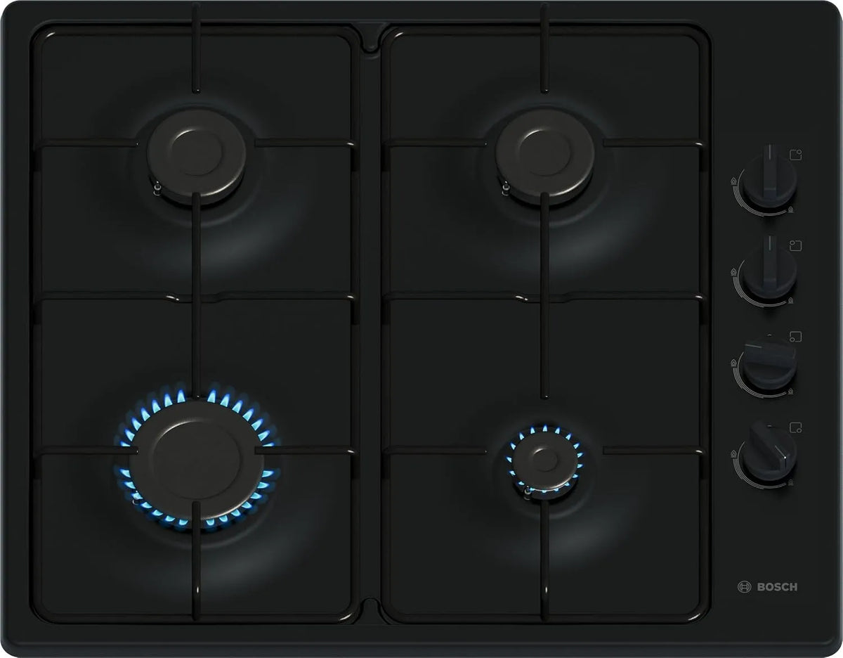 Bosch plaque de cuisson PBP6B6K80, Série 2, gaz, largeur 60 cm, 4 feux, Email finition noire