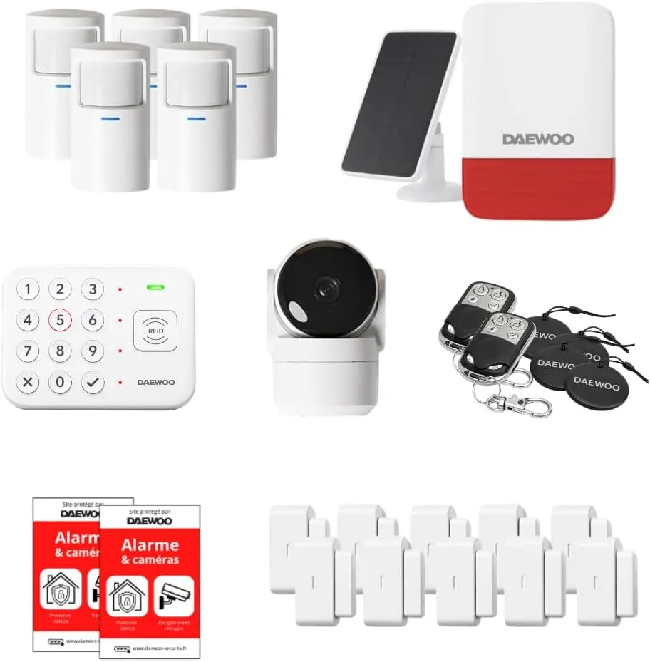 Modèle VIG105, Application Mobile Daewoo VIG105+, 10 Contacteurs + 5 Détecteurs, Pack Alarme Connectée WiFi&GSM, Sirène Solaire, Alexa & Google Home