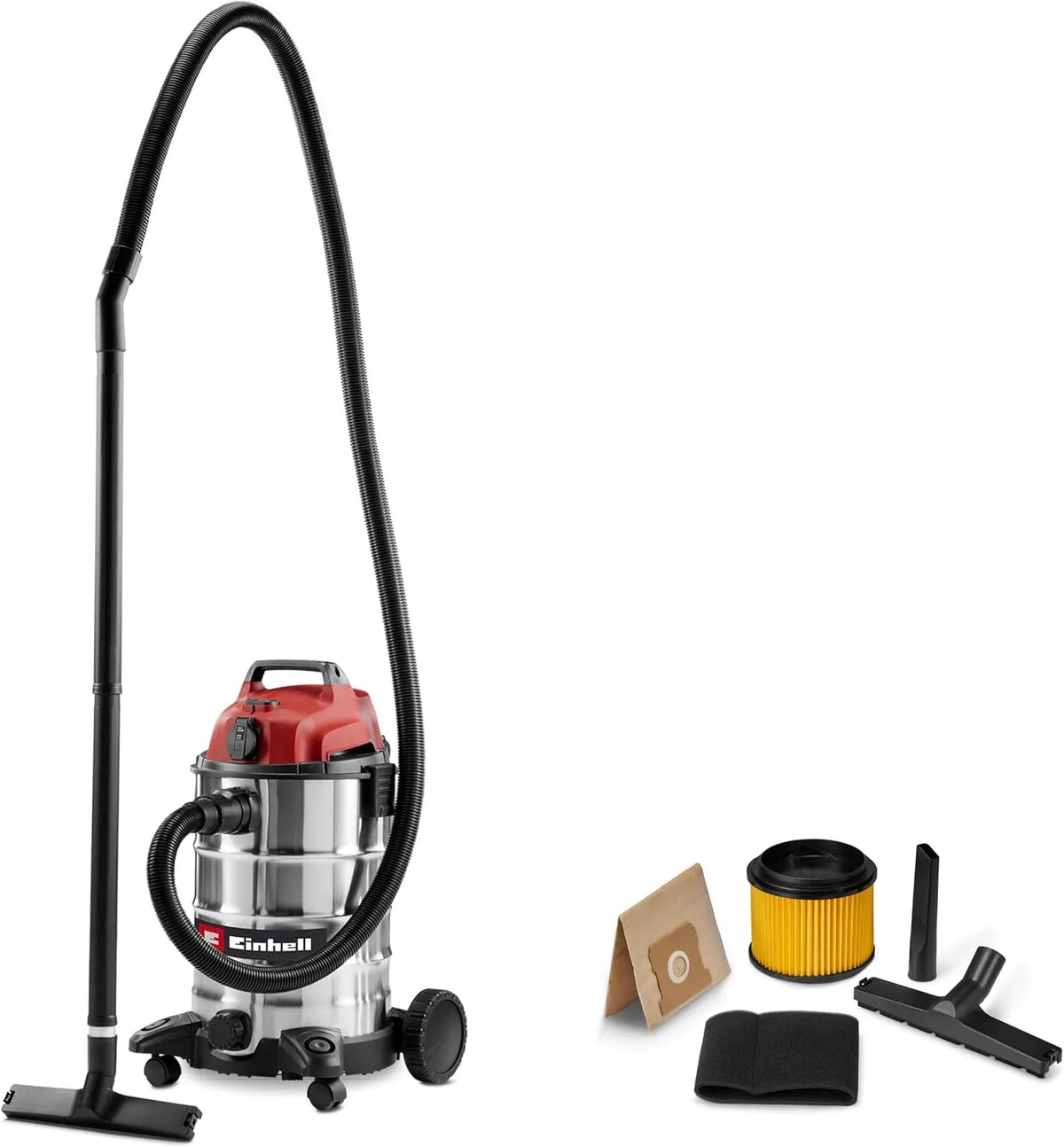 Einhell aspirateur TC-VC 3055 SA, puissance 900 W, cuve en INOX de 30 l, 190 mbar, eaux et poussières, Prise de Courant asservie, Roues et roulettes