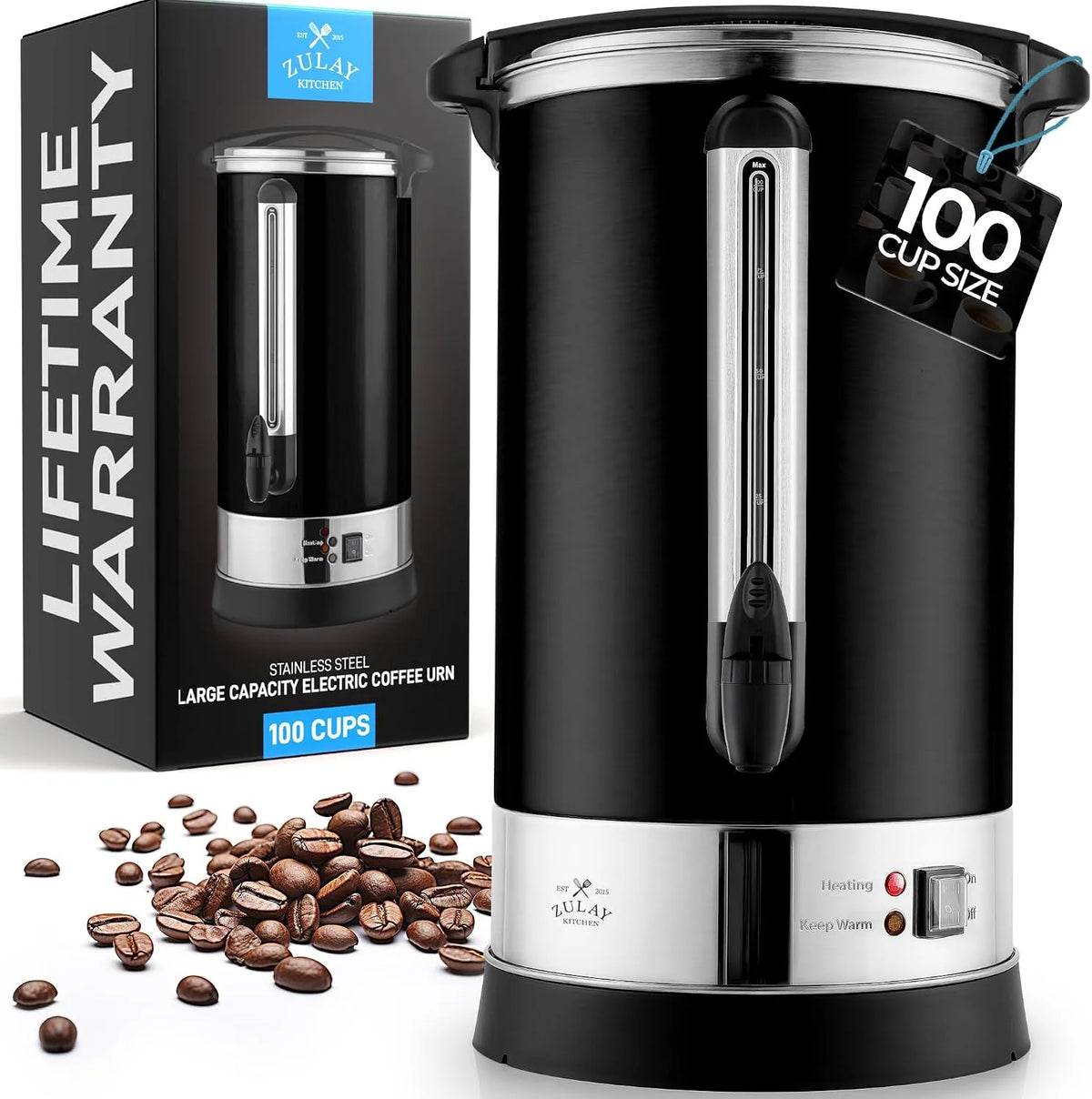Urne à café commerciale Zulay Kitchen, Distributeur automatique d'eau chaude noire 100 tasses