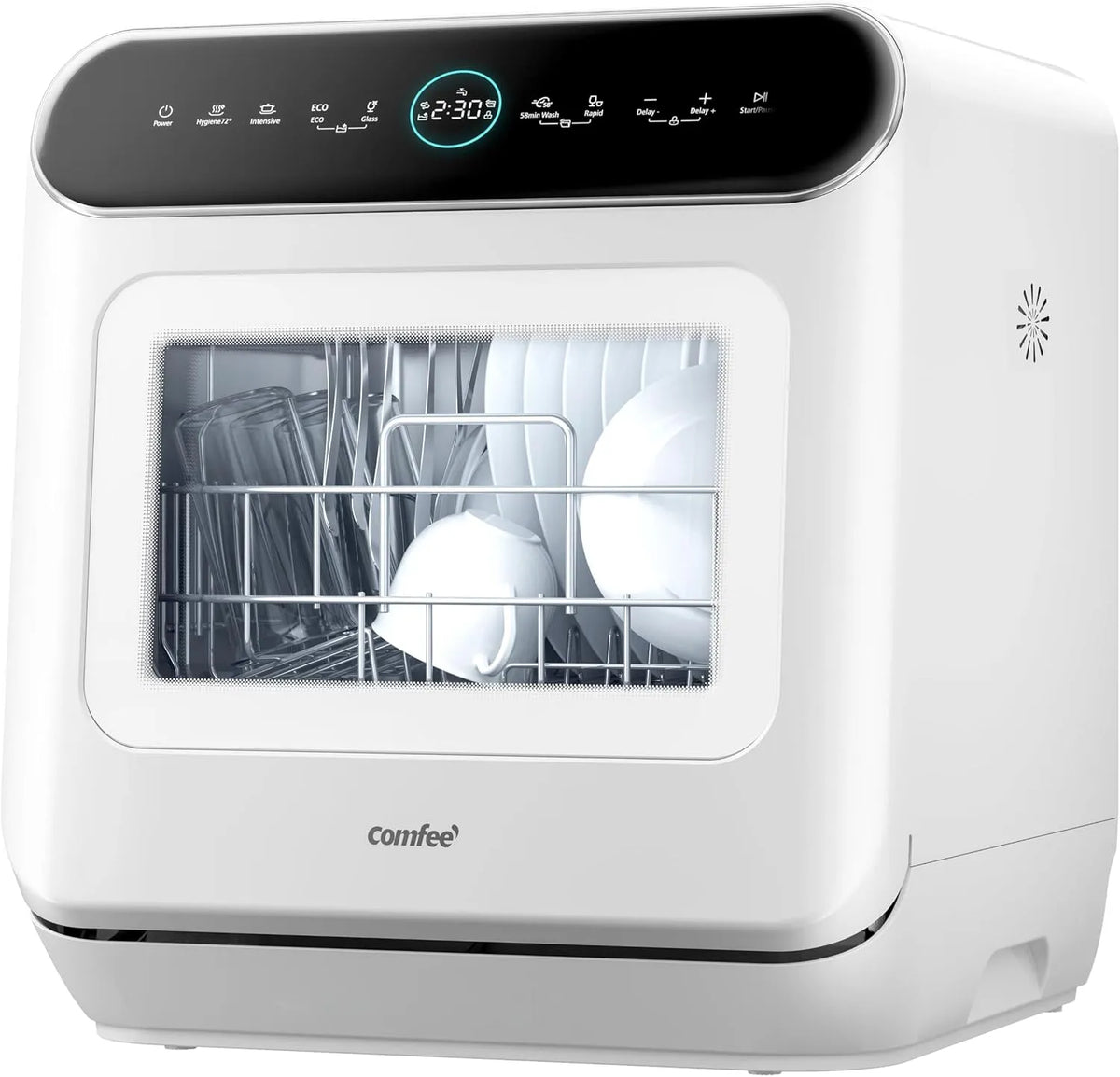 Comfee lave-vaisselle MFD42S110W-IT, 7 programmes, commande tactile, finition blanche, ' autonome avec 3 places, écran LED