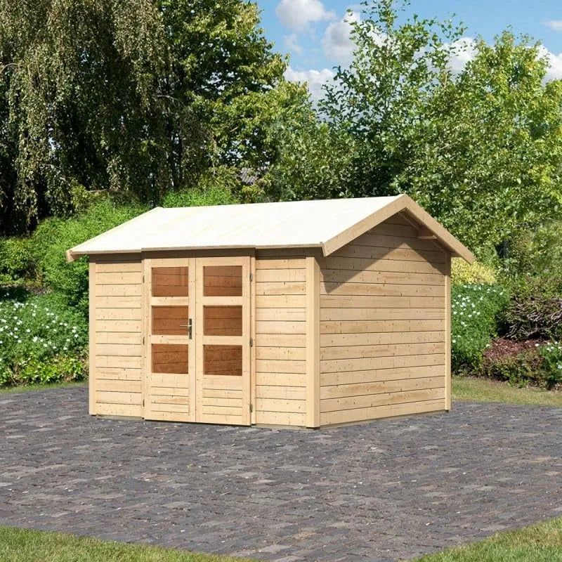 Abri de jardin, Hauteur Faîtage 250cm, Karibu Theres 7, Bois Massif Épicéa Nordique 9,24m², Double Porte Vitrée, Serrure Cylindrique, Marron