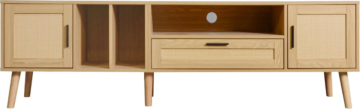 Meuble TV, largeur 180 cm, Pour jusqu'à 200 cm, Espace de rangement et meuble de, bas avec rotin et pieds en bois massif, Couleur chêne