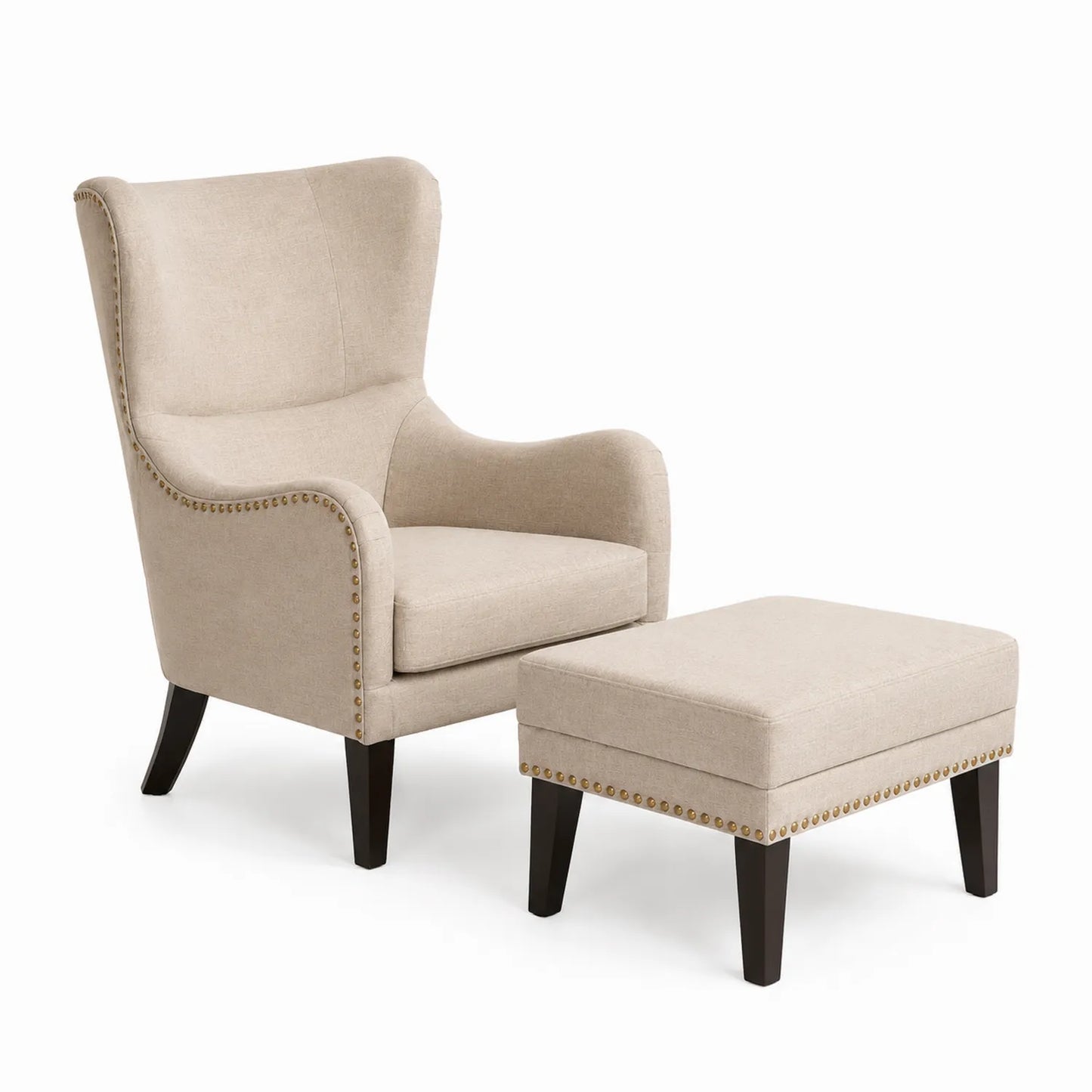 Fauteuil avec Repose-pieds Tissu Lin Beige et Pieds Bois Massif