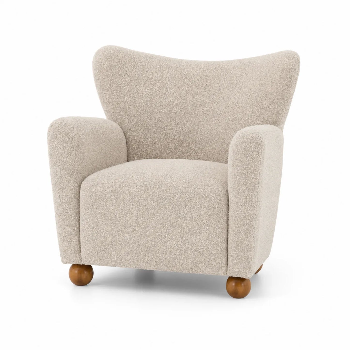 Fauteuil en tissu bouclé beige avec pieds en bois
