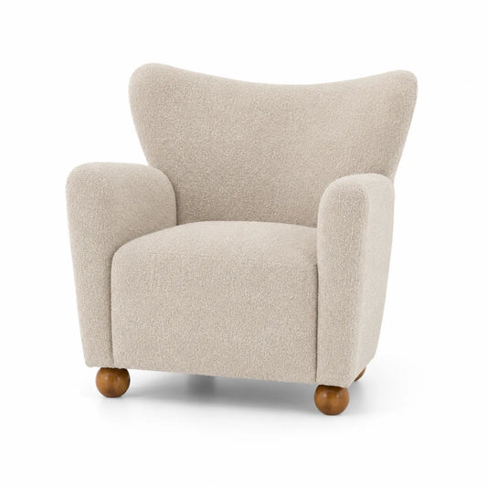 Fauteuil en tissu bouclé beige avec pieds en bois