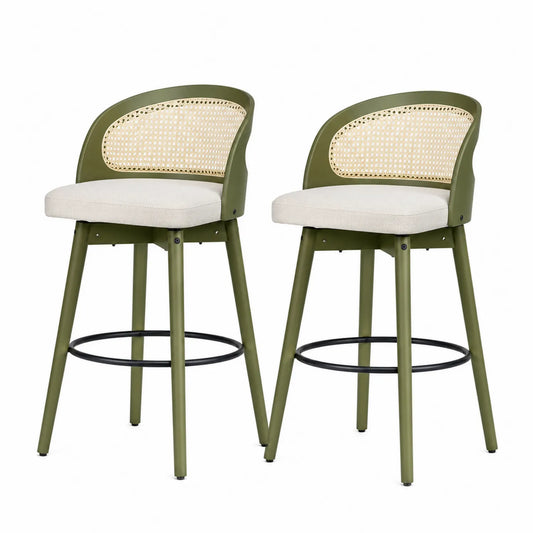 Lot de 2 chaises de bar en métal et rotin Olive et Crème