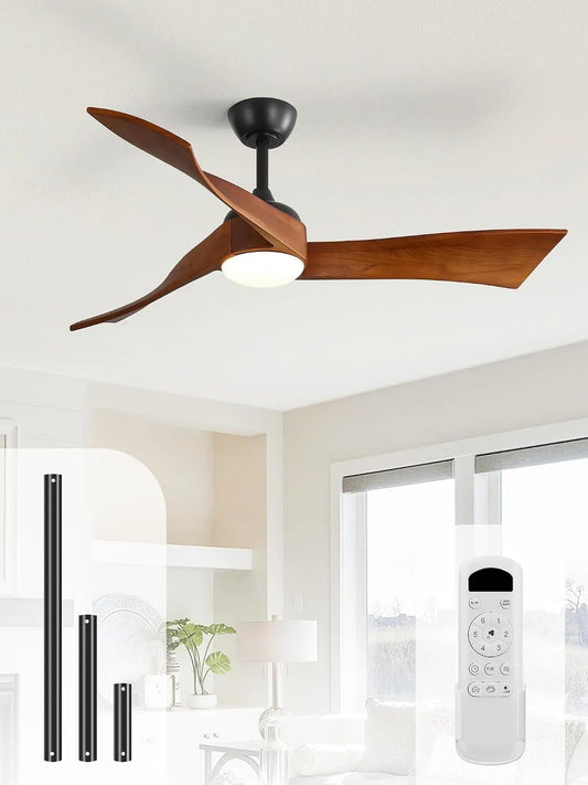 Ventilateur Sofucor, 132 cm Lampe Plafond Bois Massif, 6 niveaux de vitesse, 6 niveaux de vitesse, Plafond avec Lumiere, Telecommande