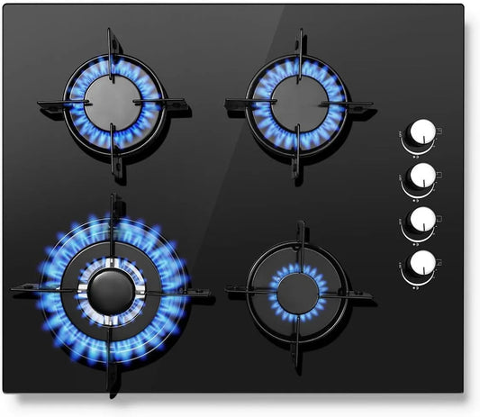 Plaque de cuisson SNDOAS, puissance 8,0 kW, Convient pour le Gaz Naturel, finition noire, de Cuisson Gaz 4 Feux avec Sécurité Thermocouple, 220-240 V