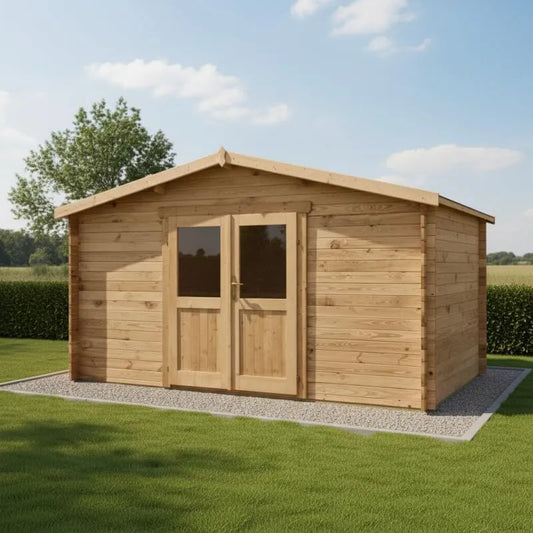 Abri de jardin, Bois Massif Traité 12m², dimensions 398x298cm, Parois 28mm, Double Porte Semi-Vitrée, Serrure, Toiture OSB, Marron